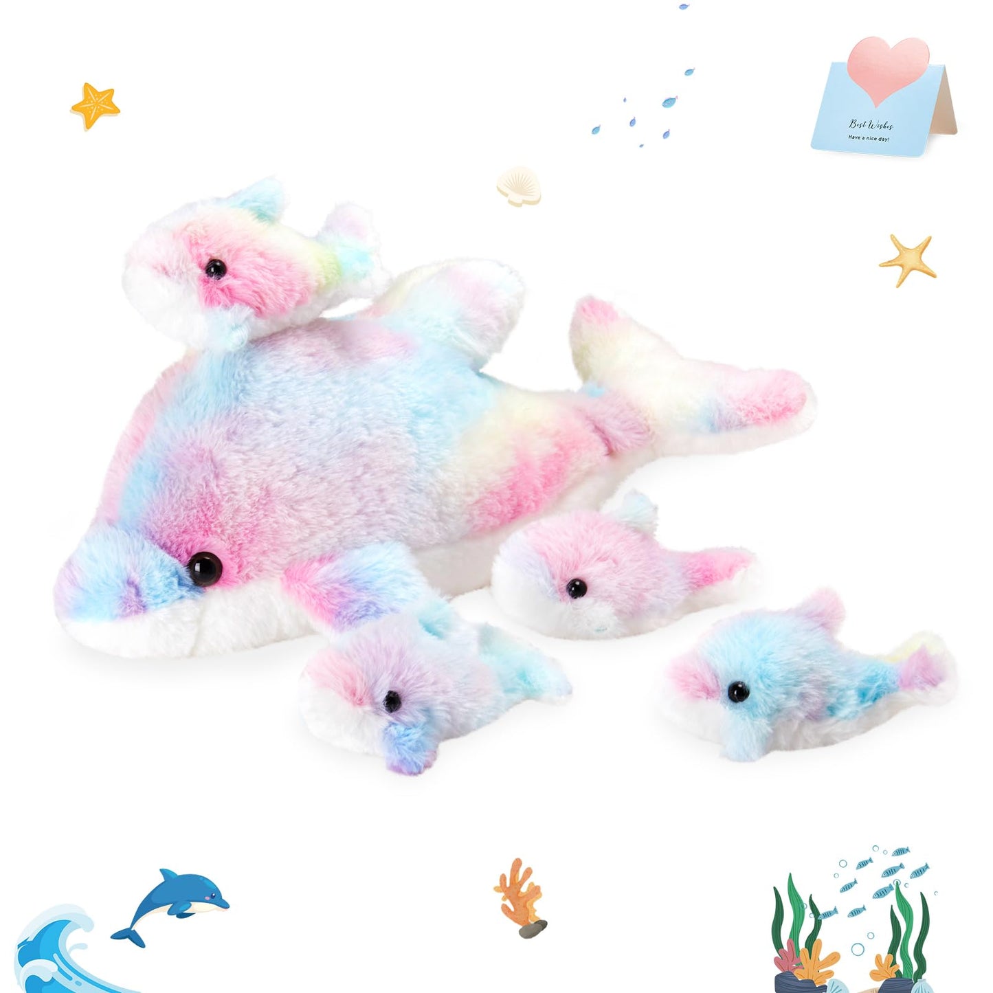WEWILL 17" Mommy with 4 Babies Rainbow Dolphin Stuffed Animals with Babies Soft Cuddly Colorful Plush Toy Christmas Birthday Gifts for Boys Girls Kids