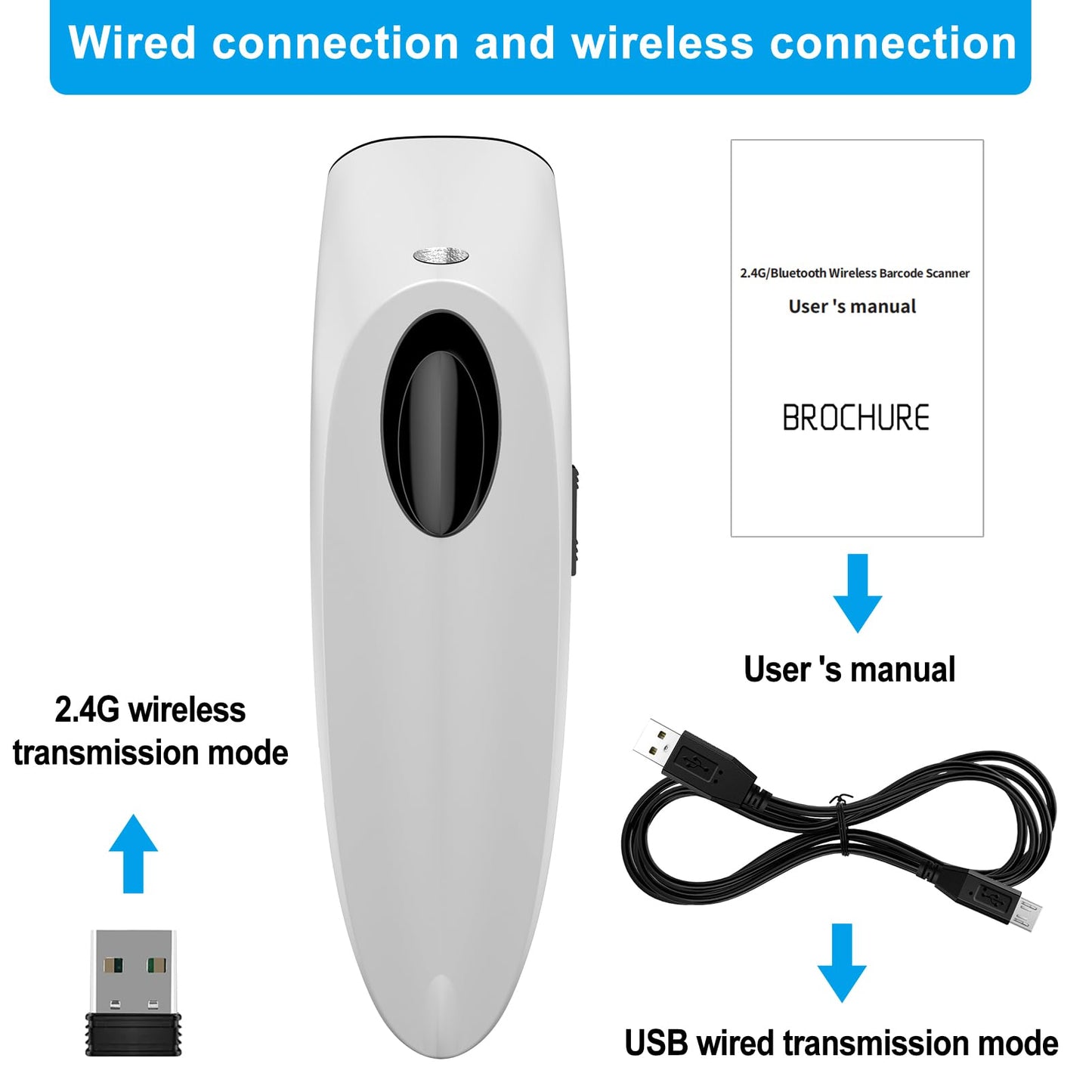 Alacrity1D 2D QR Barcode Scanner Compatible with 2.4G Wireless & Bluetooth Function & Wired Connection, Cordless Handheld Barcode Scanner Compact Plug and Play, Connect Smart Phone, Tablet, PC White