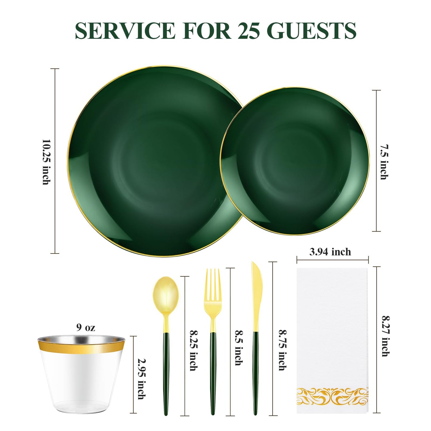 175 Pieces Green Gold Plastic Dinnerware Set, Gold Disposable Plates for Party, Include 50 Green Plates with 75 Plastic Cutlery, 25 Napkins and 25 Cups