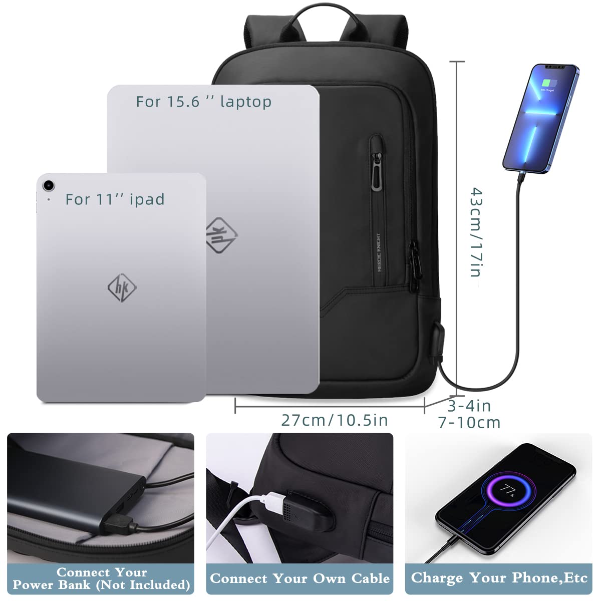 hk Backpack for Men Business Slim Backpack with USB Charger Computer Lightweight Anti-theft Travel Backpacks 15.6 inch Water Resistant Laptop Bag for Work Office College-Black