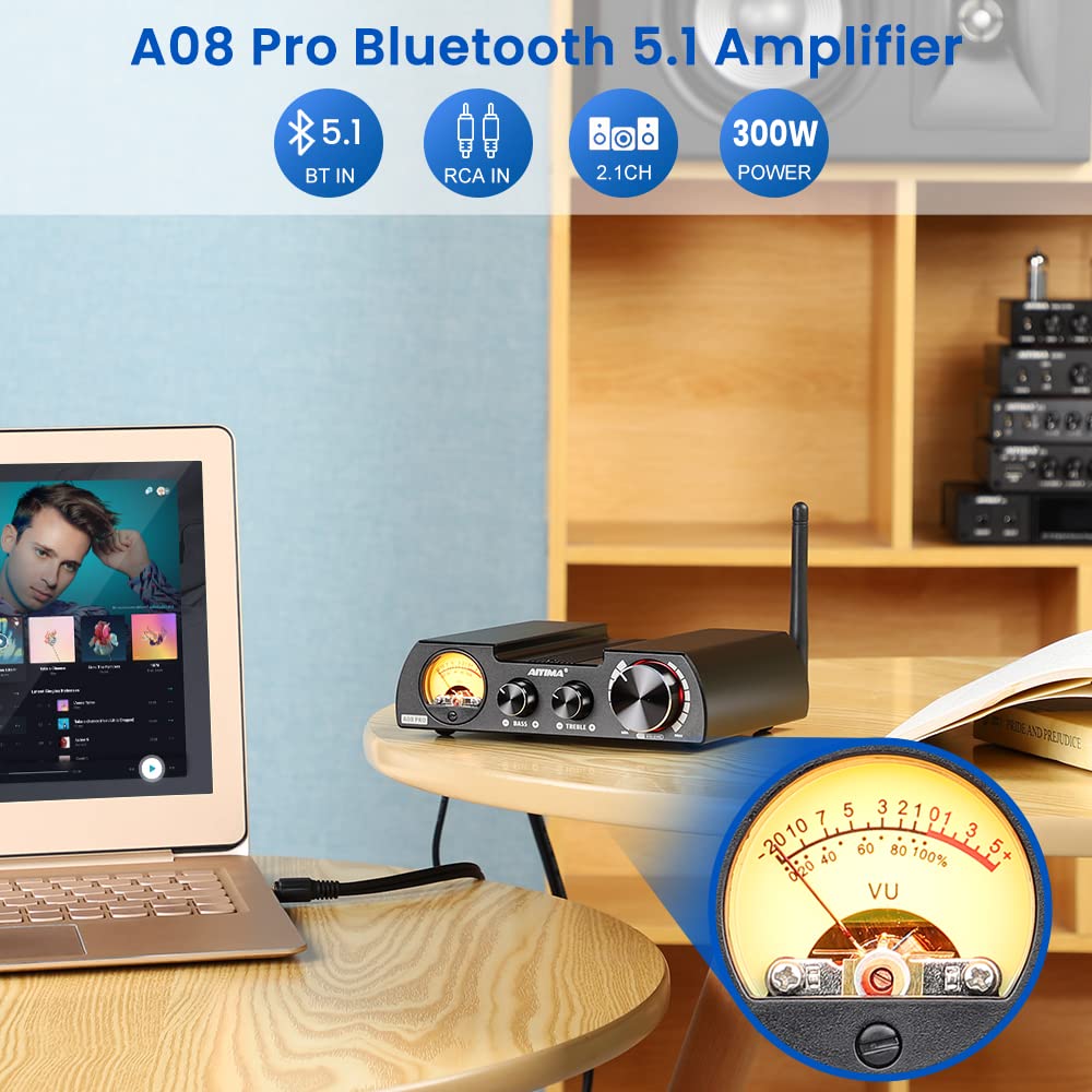 AIYIMA A08 PRO TPA3255 Power Amplifier Bluetooth 5.1 with VU Meter 300W+300W HiFi Class D Stereo Digital Audio Amp 2.0 Channel Amplifier for Passive Speaker Home Audio
