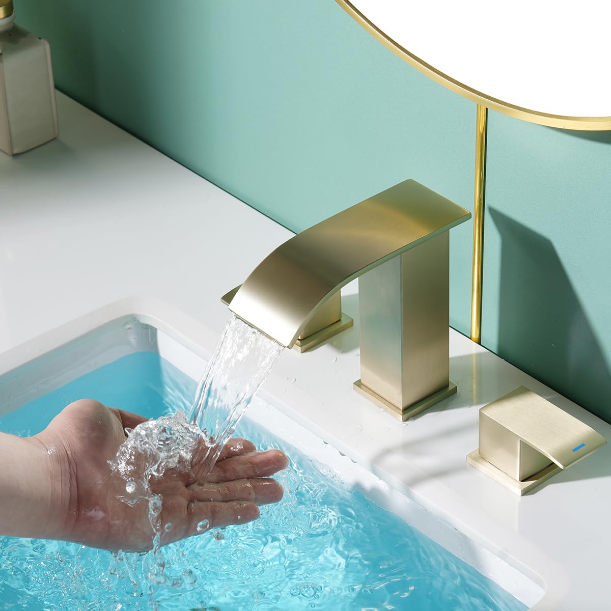 RANDOM Waterfall Bathroom Sink Faucet Brushed Gold 2 Handles 3 Holes SUS304 Stainless Steel Modern Vanity Faucet with Pop up Sink Drain Stopper and cUPC Water Supply Hoses
