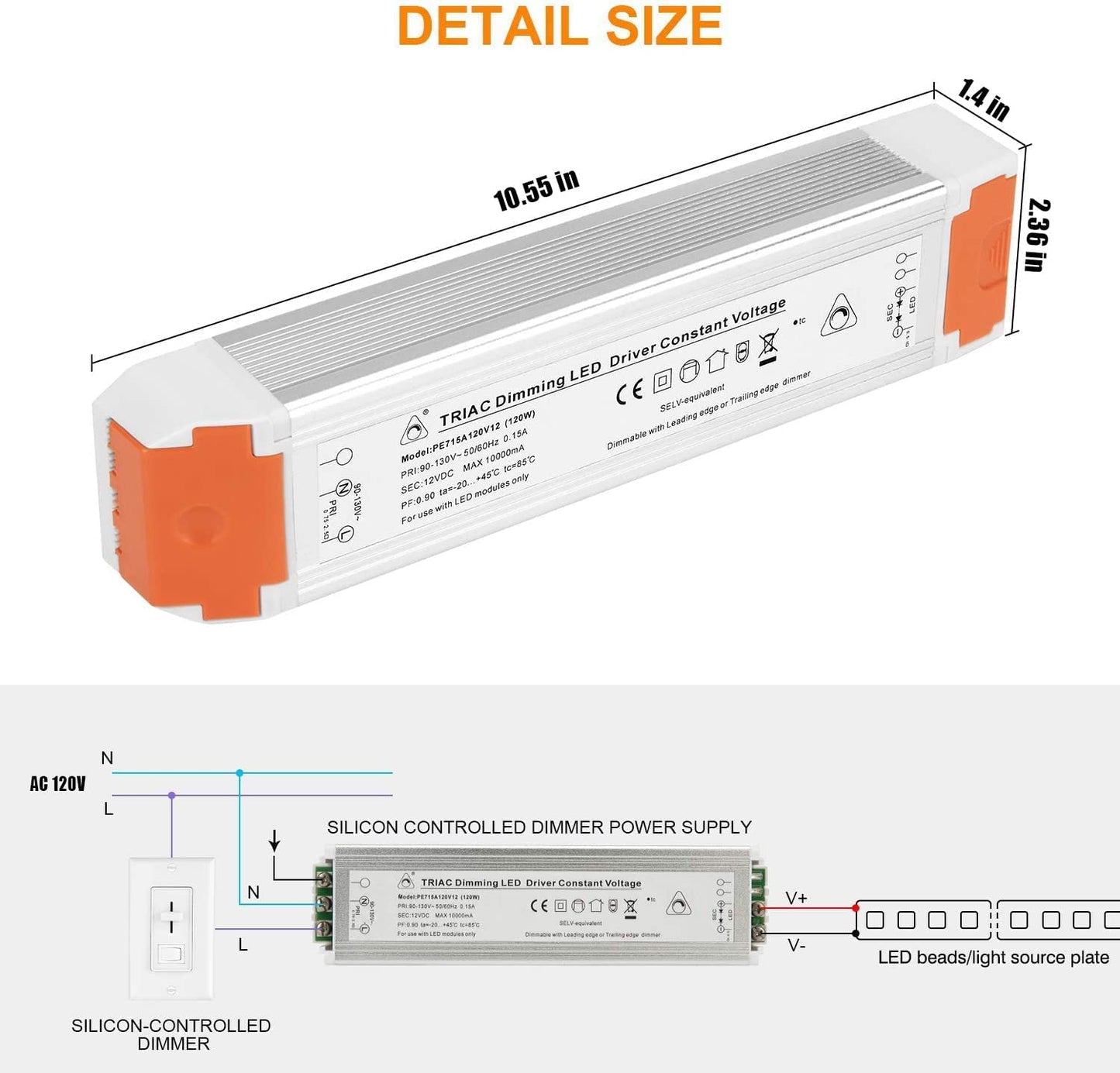 120 Watts 10A Dimmable LED Driver Dimming Power Supply 110V to 12V DC led Transformer dimmable (2 Pack)
