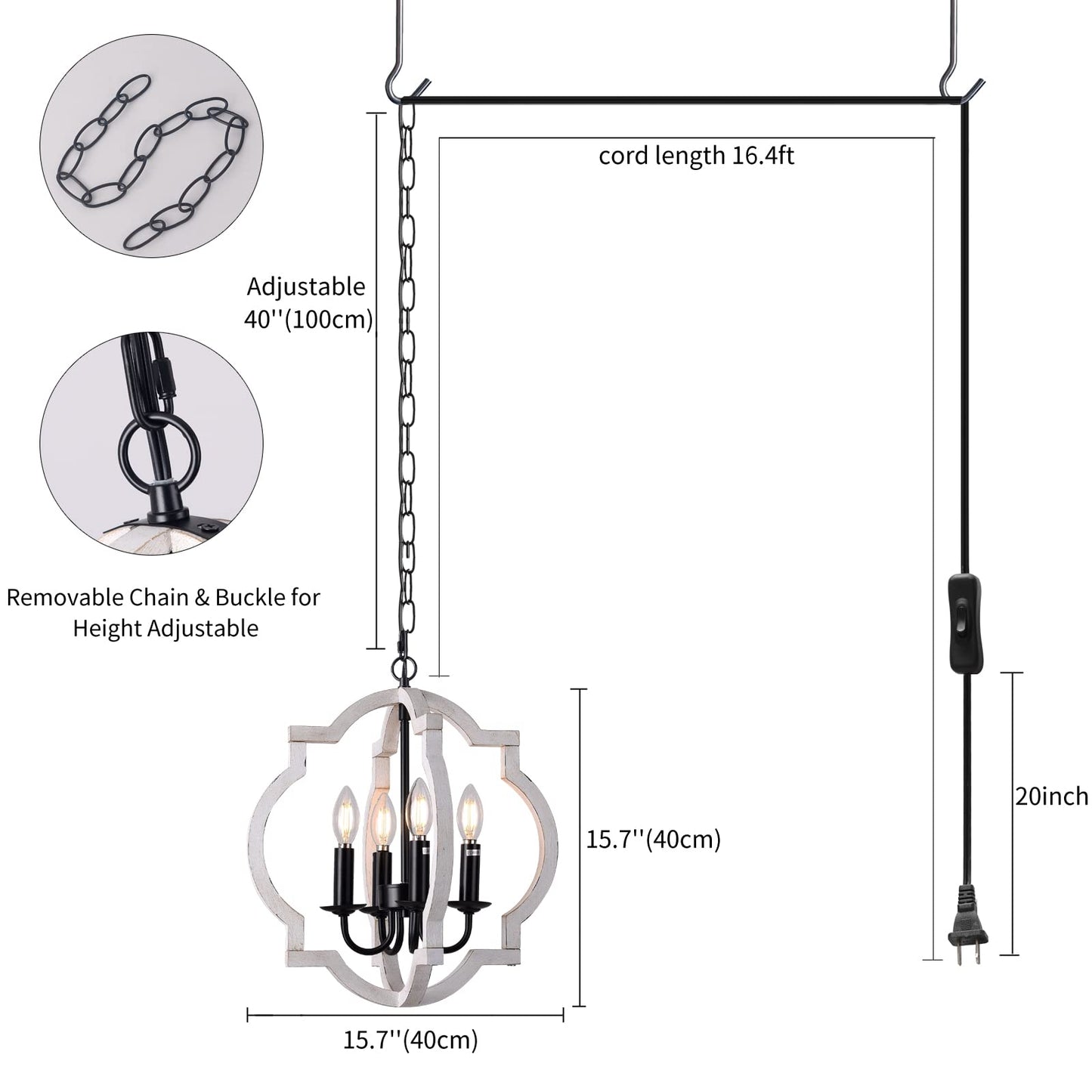 4-Light Plug in Chandelier with 16.4ft Cord,On/Off Switch,Orb Wood Farmhouse Hand-Painted Distressed White,Outdoor Chandelier for Gazebo,Kitchen Island Dinning Foyer Entryway