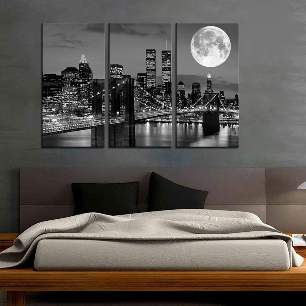Biuteawal New York Skyline Wall Art Brooklyn Bridge Moon Night View Picture Canvas Print Black and White City Artwork Painting Modern Home Office Living Room Decoration