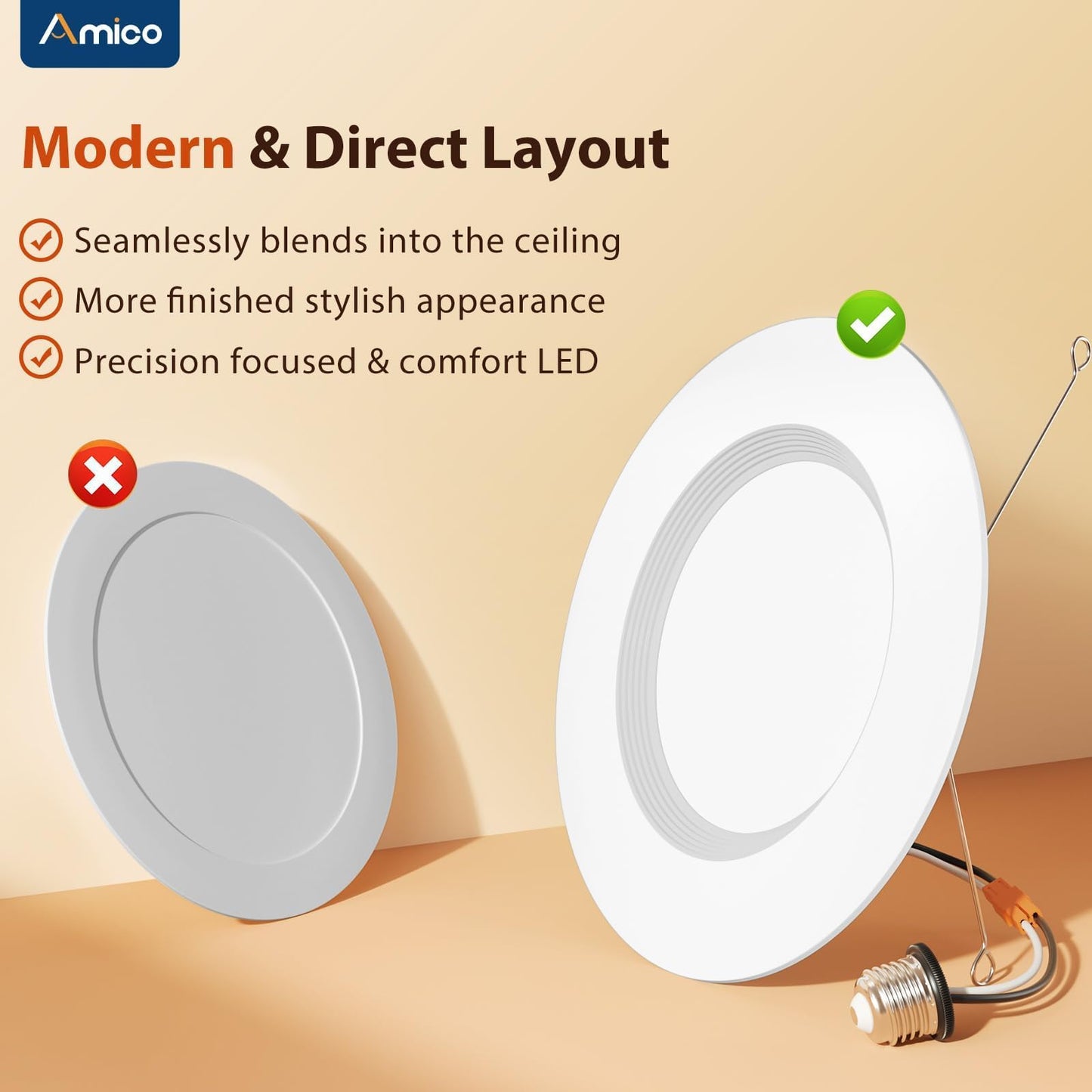 Amico 5/6 inch 3CCT LED Recessed Lighting 12 Pack, Dimmable, Damp Rated, 12.5W=100W, 950LM Can Lights with Baffle Trim, 3000K/4000K/5000K Selectable, Retrofit Installation - ETL & FCC Certified