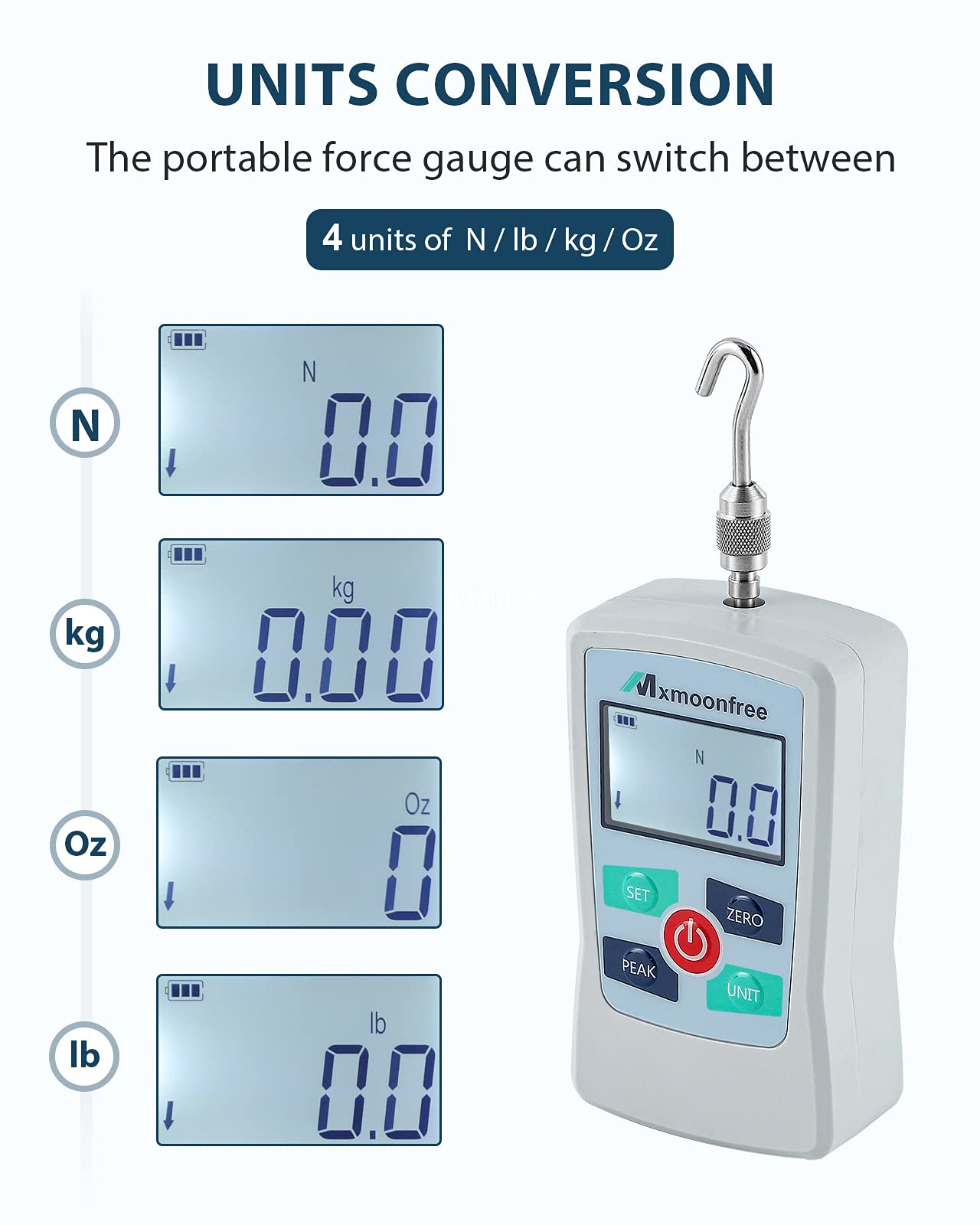 Mxmoonfree 500N Digital Force Gauge Push Pull Gauge Portable Force Meter with Units N/LB/Kg/Oz, Storage Case, Auto Backlit LCD, Auto Power-Off for Teaching School Lab Mechanical Physics (ZMF-500N)