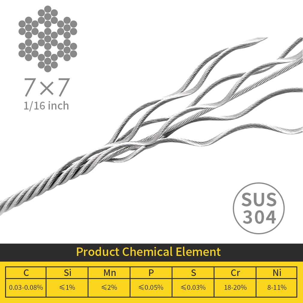 1/16 Wire Rope, 1000FT 304 Stainless Steel Cable with 300Pcs Crimp Sleeves, Aircraft Grade, 7x7 Strand, 368lbs Breaking Strength, for Garden Trellis, Clothesline, Railing,Trellis
