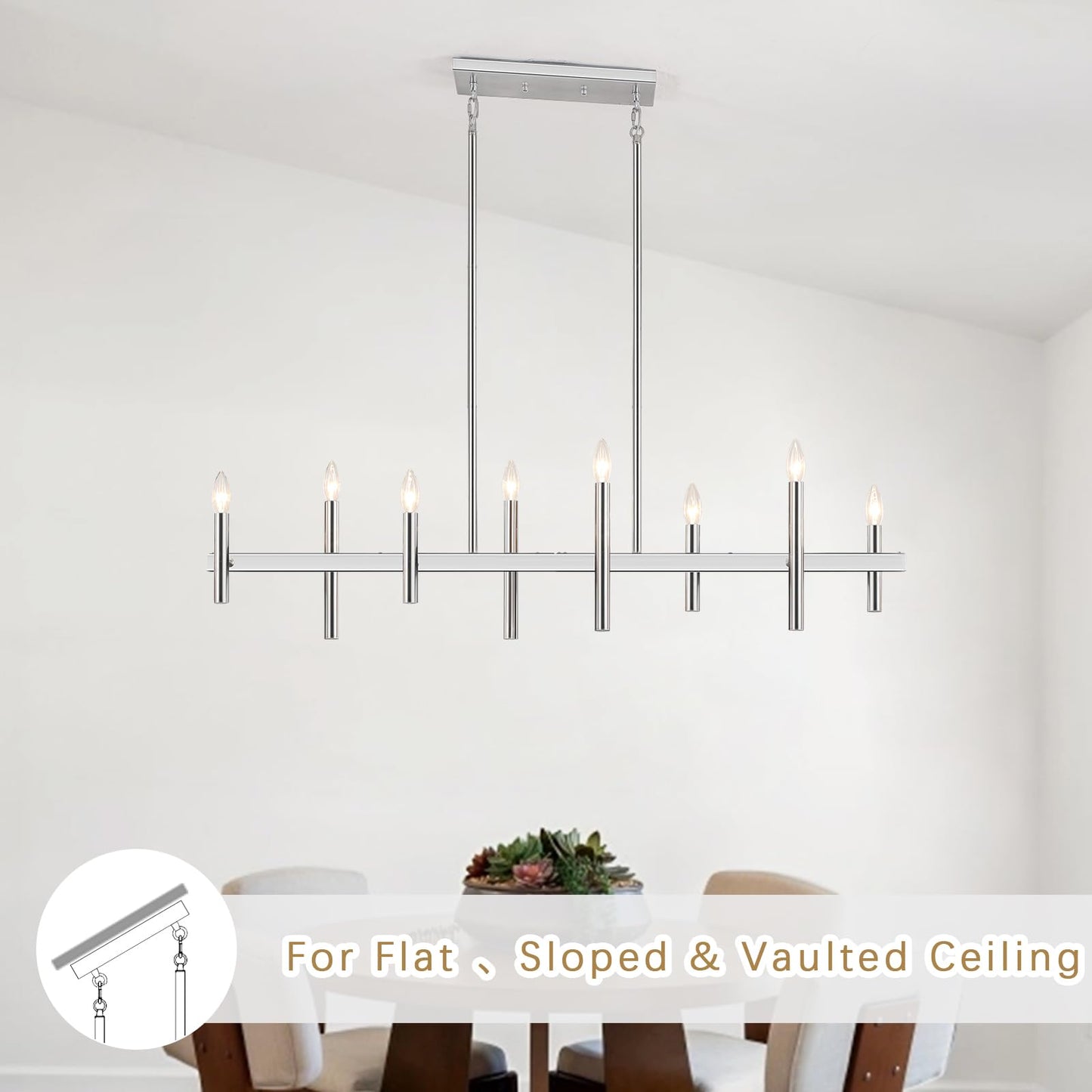 47” Brushed Nickel Chandelier Kitchen Island Lighting 8-Light Linear Pendant Light Fixtures Contemporary Modern Chandeliers for Dining Room Over Table Hanging Light for Living Room Bar Pool Table