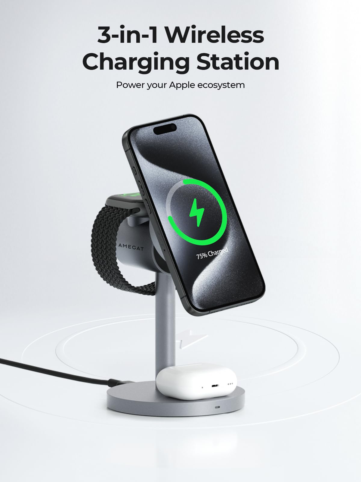 AMEGAT MagFusion 3-in-1 Charging Station MagSafe-Compatible, Qi2 Certified 15W Wireless Charger Stand, Apple Watch Charger, for iPhone 16/15/14/13/12, AirPods (30W PD Charger Included)
