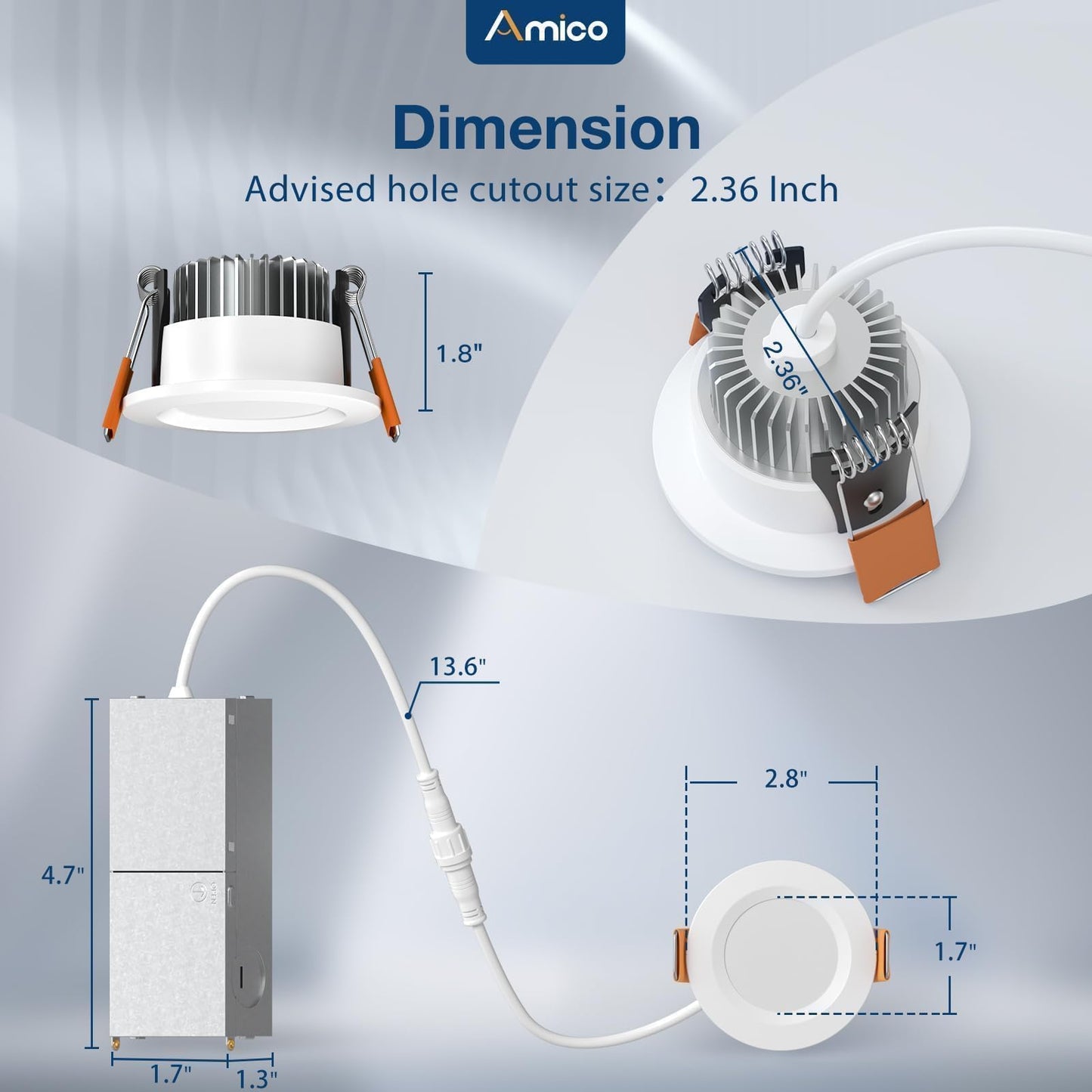 Amico 6 Pack 2 Inch 5CCT Ultra-Thin LED Canless Recessed Ceiling Light with Junction Box, 2700K/3000K/3500K/4000K/5000K Selectable, CRI90+, 6W=40W, 350LM, Dimmable Canless Wafer Downlight-ETL&FCC