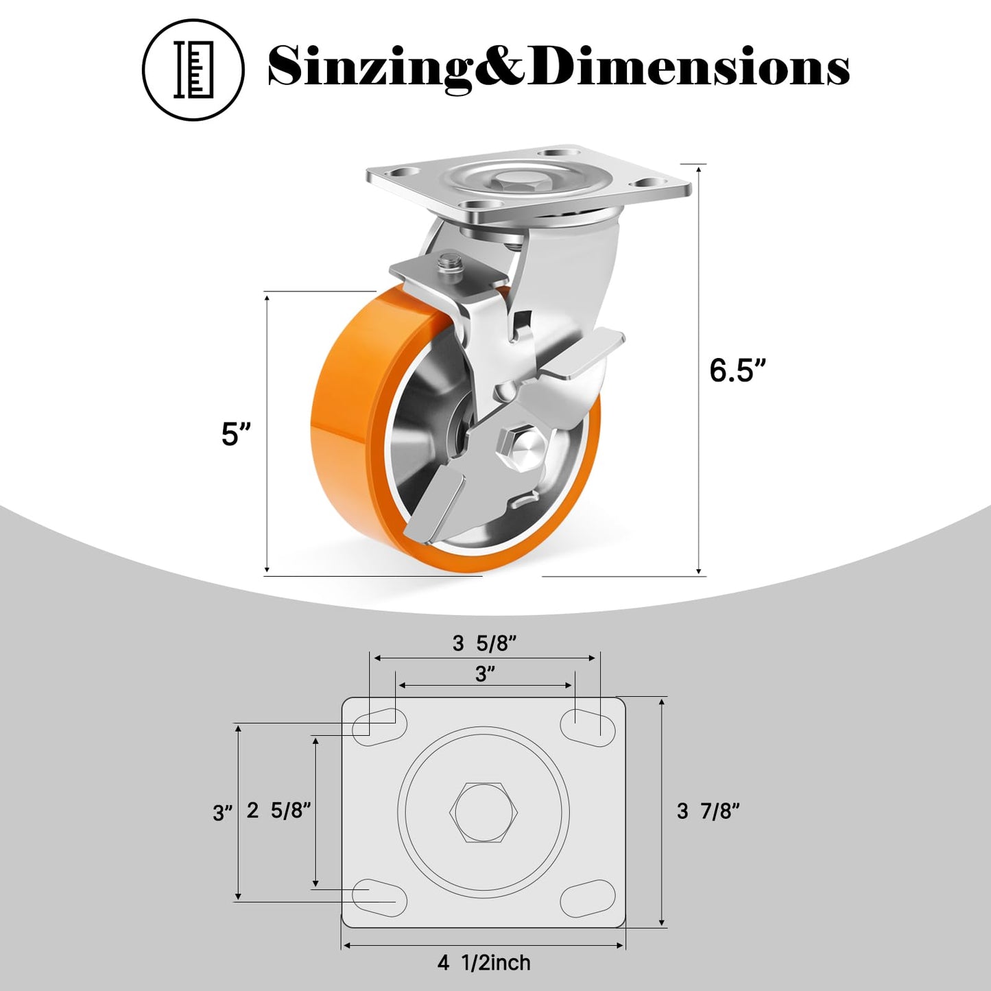 W B D WEIBIDA 5 Inch Heavy Duty Casters Set of 4, Industrial Grade Casters Wheels with Brake 4000 LBS, Maintenance-Free Polyurethane on Aluminum Wheels, Plate Swivel Casters Wheels for Cart, Machine