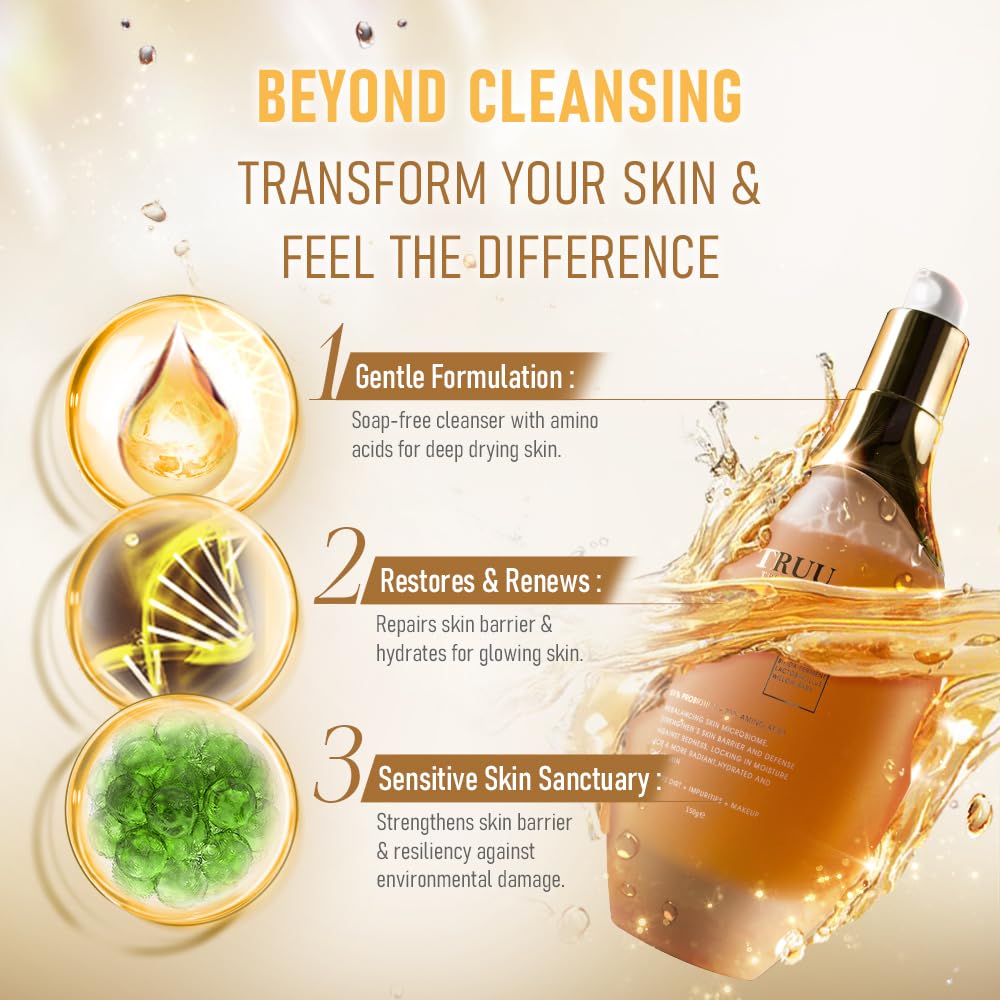 TRUU Probiotics Amino Purifying Cleanser – Ultra-Gentle Treatment with 51% Probiotics & 25% Amino Acids – Cleanses, UV Protection, Enhances Hydration & Elasticity for a Radiant, Youthful Glow | 5.3 Oz