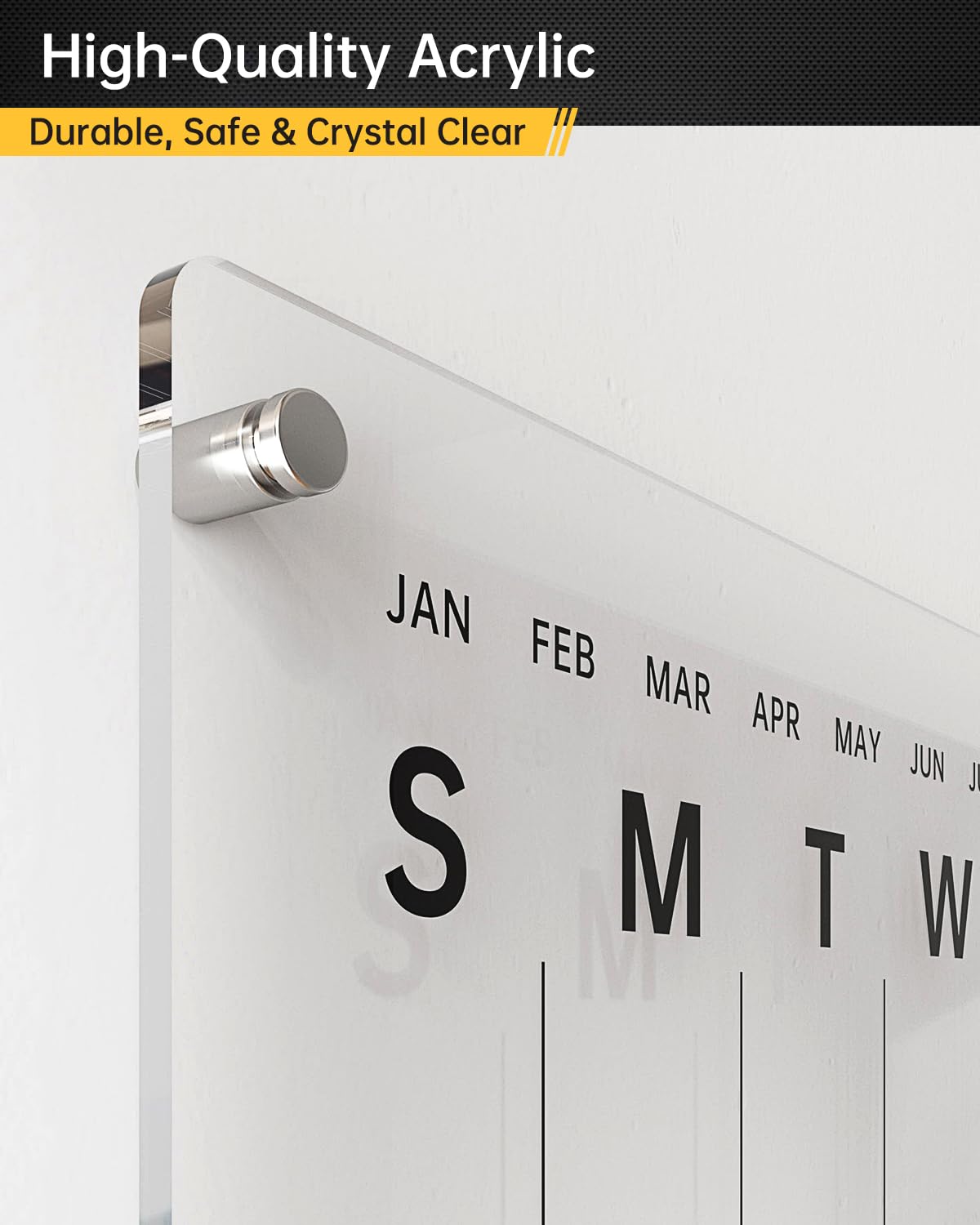 24x16 Acrylic Wall Calendar with Black Print - Medium Dry Erase Planner, 8 Markers, Eraser & Mounting Kit - Ideal for Home, Office, Classroom