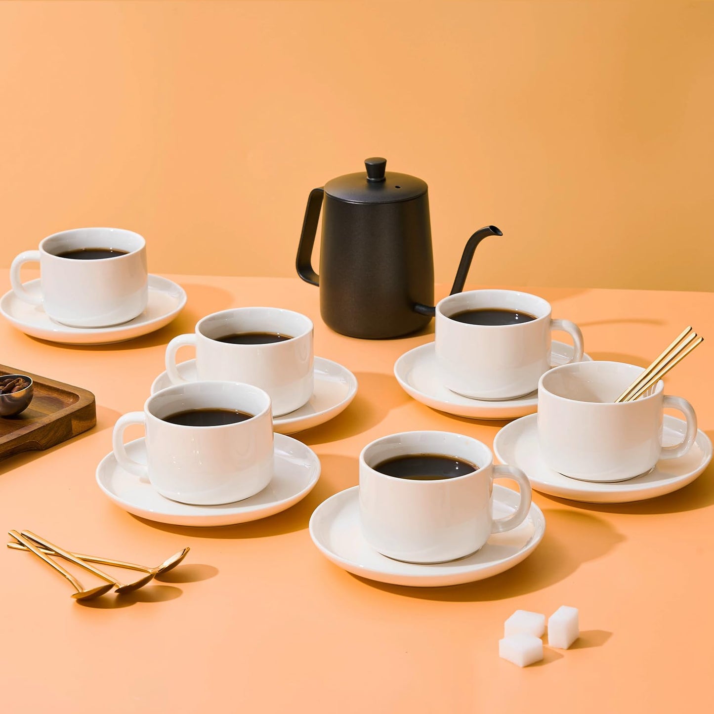 CHILDIKE 7 oz Coffee Cups with Saucers Spoons - Set of 6 Cappuccino Cups, White Porcelain Cups Serving for Tea Espresso Latte Mocha