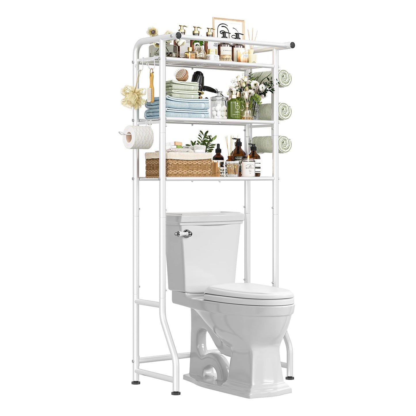 Simple Trending 3 Tier Over The Toilet Storage Rack, Metal Bathroom Shelf, Bathroom Stand Organizer Space Saver with Paper Holder and Hooks, White