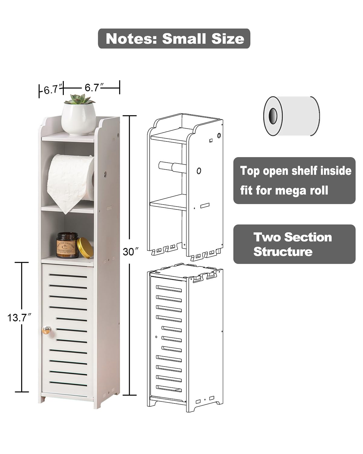 AOJEZOR Toilet Paper Holder Stand: No Drill PVC Small Bathroom Cabinet for Apartment Dwellers - Rental Deposit Protection - Small Space Storage Saving