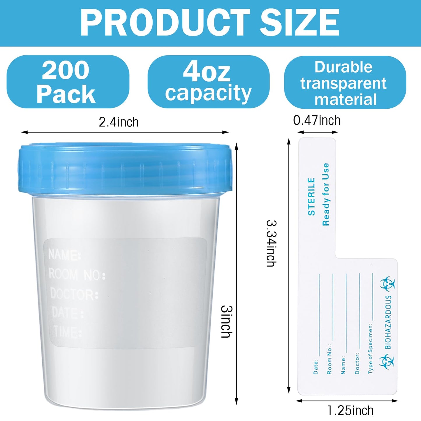 200 Pcs Urine Specimen Cups with Lids and Evident Seal Urine Sample Cups Collection Cup Disposable for Collection and Testing (Blue Lids)