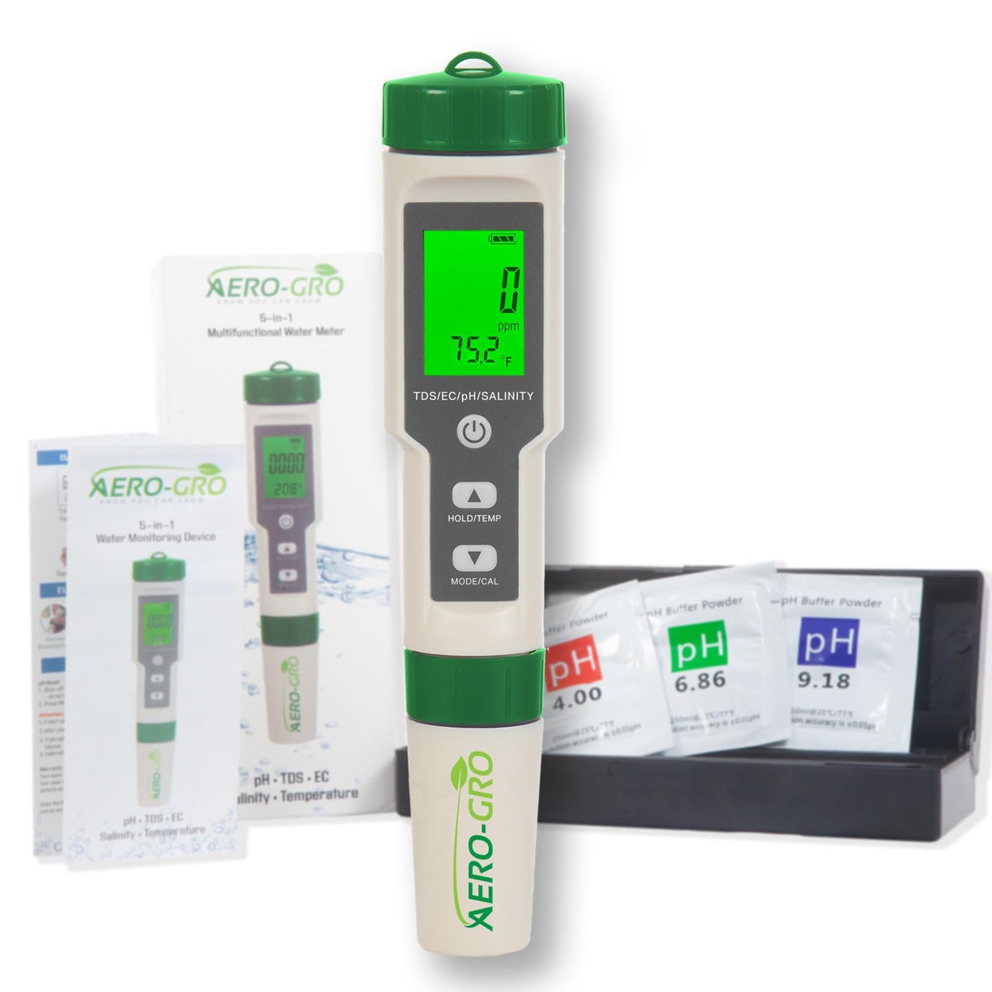 AERO-GRO Digital 5-in-1 Meter: 5 Functions: pH, TDS, EC, Salinity%, Salinity ppm, and Temp, IP67 Waterproof, Pen-Type Tester for Hydroponics, Water, Wine, Spas, Aquariums