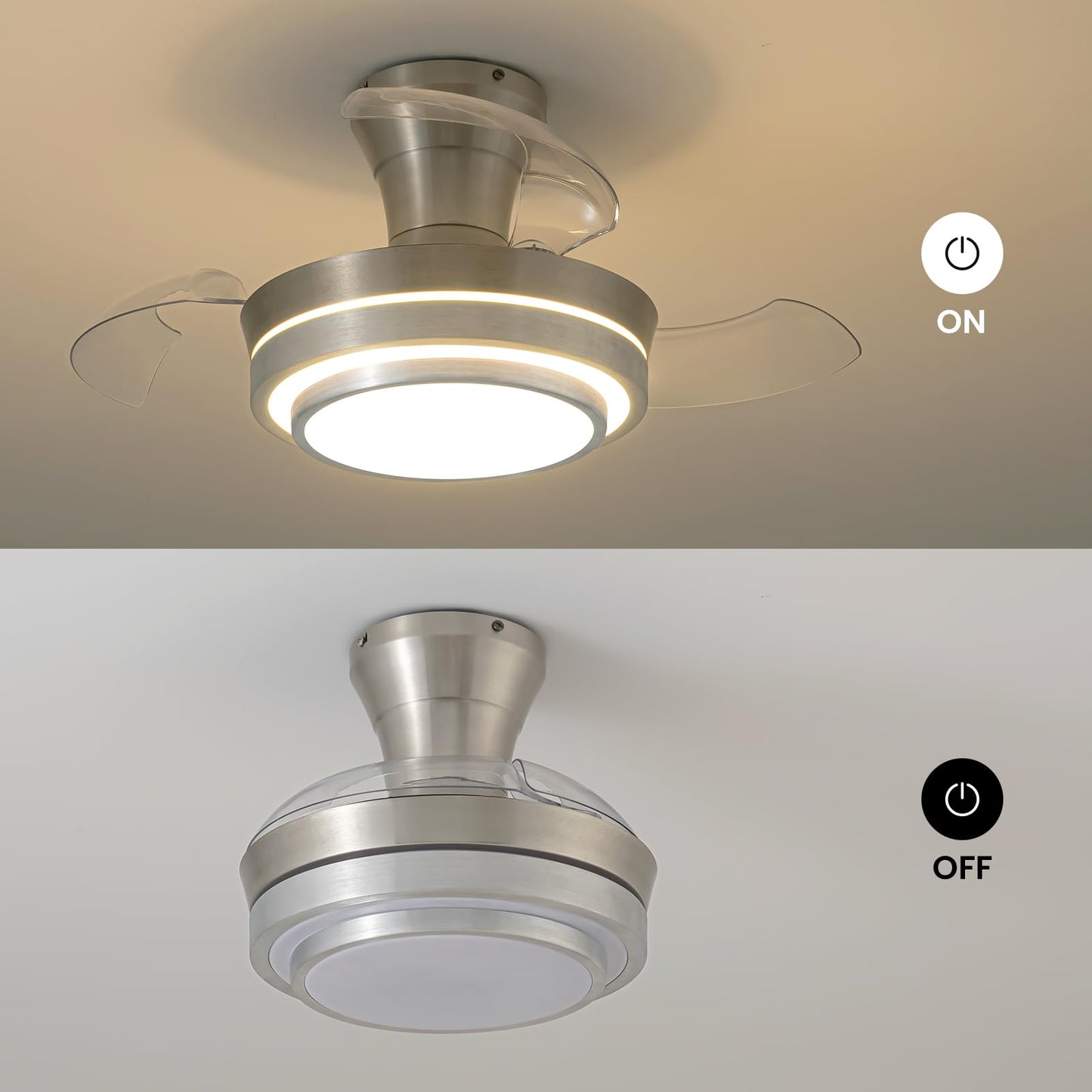 APBEAMLighting Retractable Small Led Ceiling Fan with Light and Remote 28 Inch Low Profile Brushed Nickle Modern Fandelier for Bedroom Living Room Dimmable 6 Speed Reversible Smart Ceiling Fan