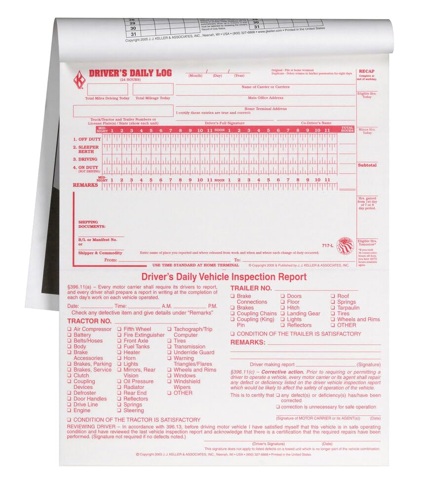 2-in-1 Driver Daily Log Book 5-pk. with Detailed Driver Vehicle Inspection Report & Simplified Recap - Book Format with 31 Sets, 2-Ply Carbonless, 8.5" x 11", J. J. Keller & Associates, Inc.