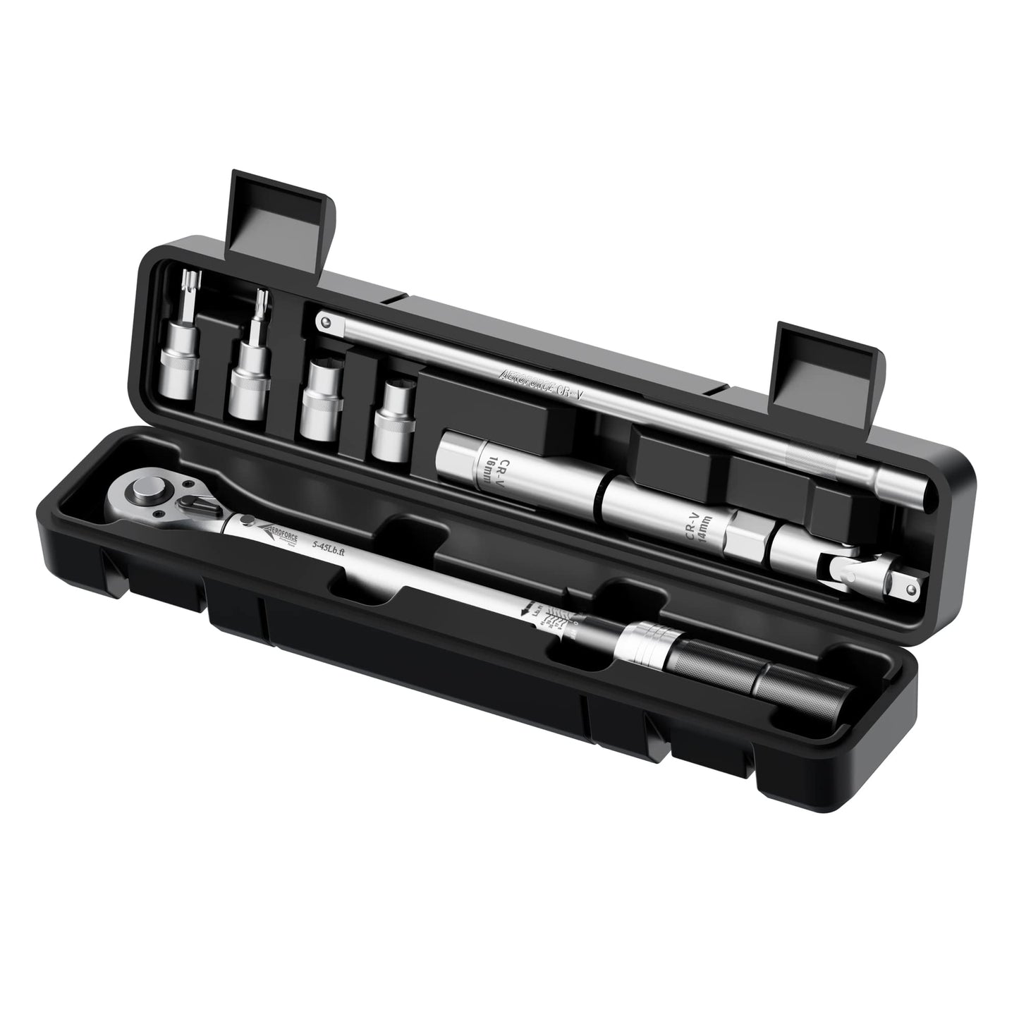 AEROFORCE 9Pcs Magnetic Spark Plug Socket set with 3/8-inch Drive Torque Wrench Set(5-45 Lb.ft/6.8-61.2 Nm),12-Point Sockets 14mm & 16mm, a 10 Inch Extension bar and a Universal Joint