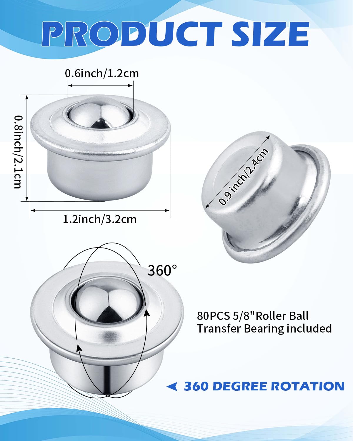 AOKLIT 5/8" Roller Ball Transfer Bearing, 80PCS CY-15H Carbon Steel Ball Bearing Rollers, Ball Transfer Bearing Casters Universal for Conveyor, Transmission, Load Capacity 44lbs