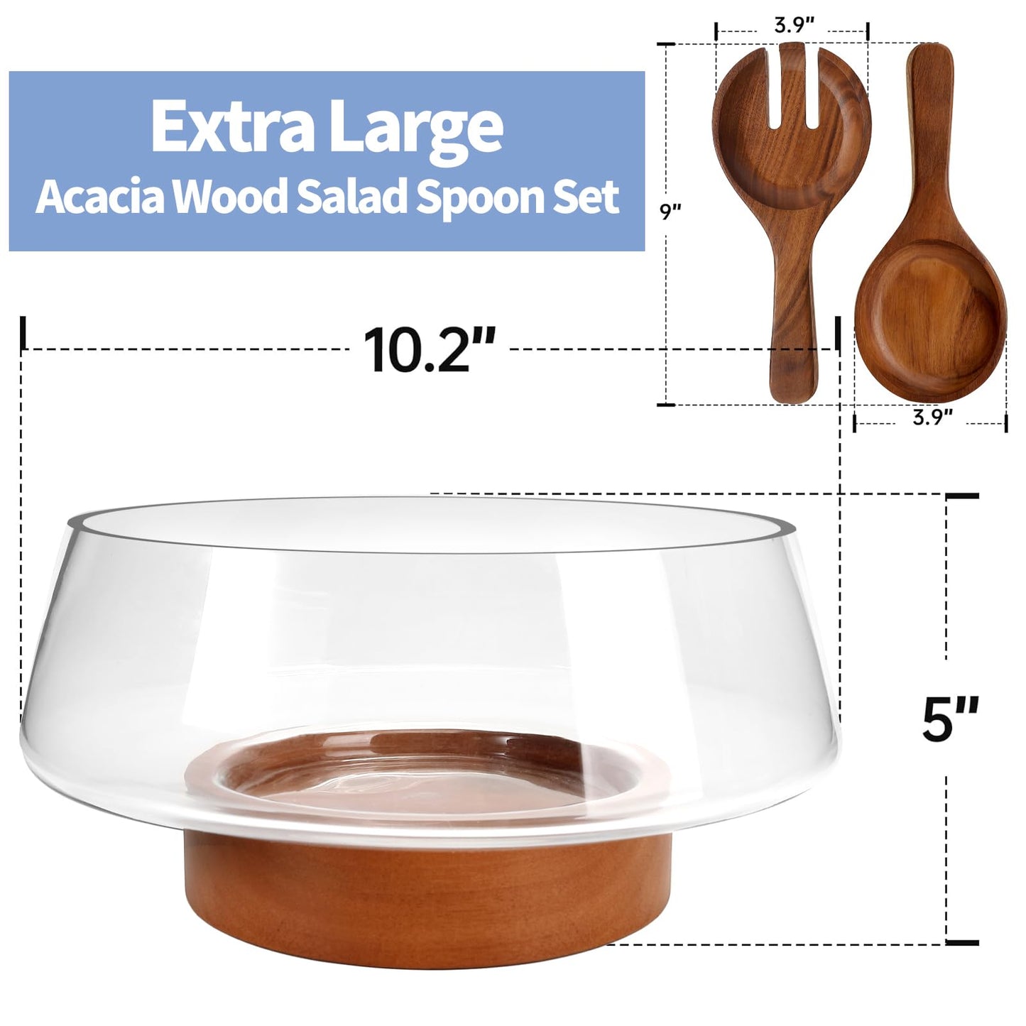 Airsent Glass Salad Bowl Set with Wood Base Servers, Extra Large Hand Blown Salad Bowls Kitchen Must Haves, Big Serving Bowl Elegance Trifle Bowl Glass, Wooden Kitchen Utensils for Party