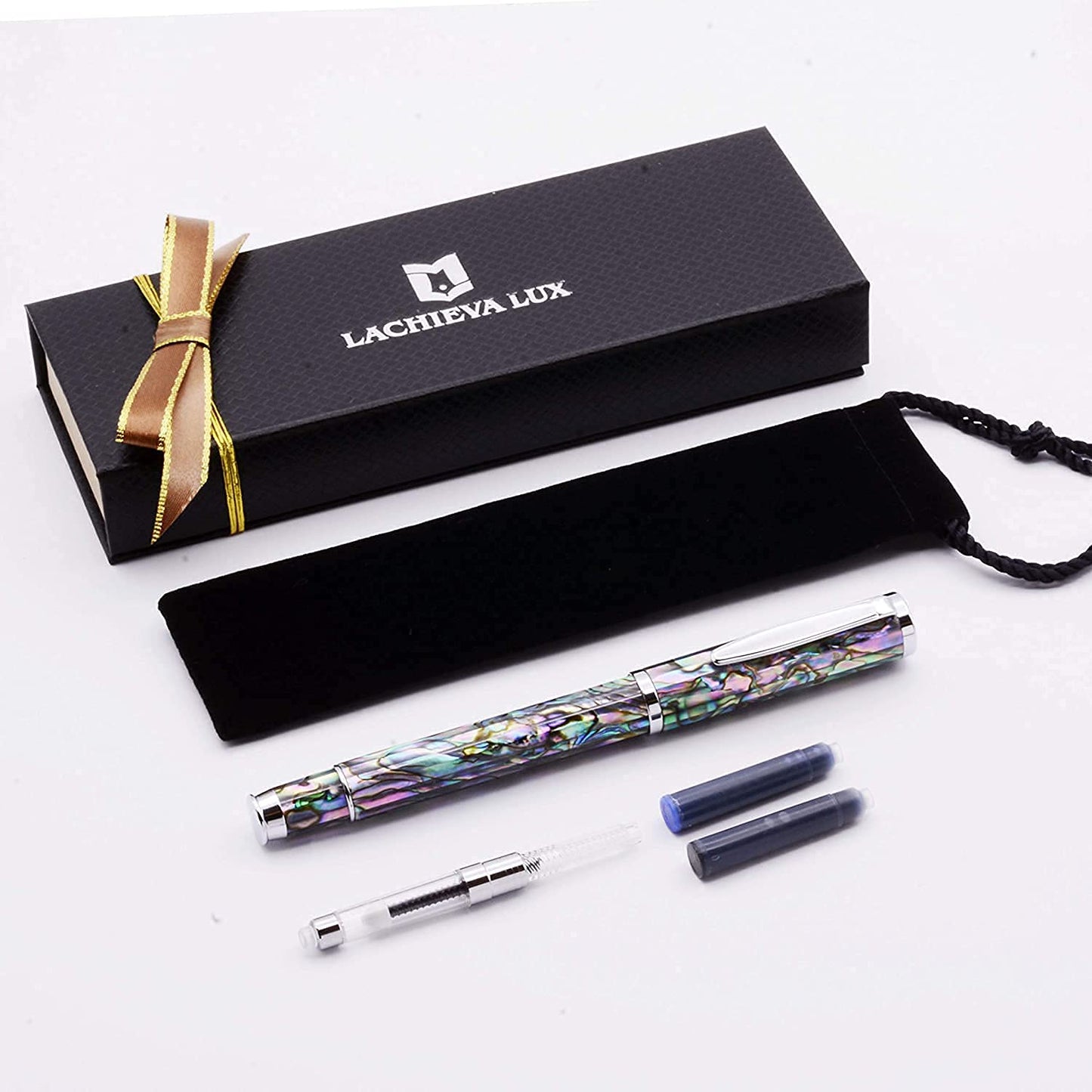 LACHIEVA LUX Abalone Shell Fountain Pen with German-Made Fine Nib – Smooth Ink Flow, Refillable Ink Converter, Handcrafted Luxury Pen for Calligraphy & Gift Set