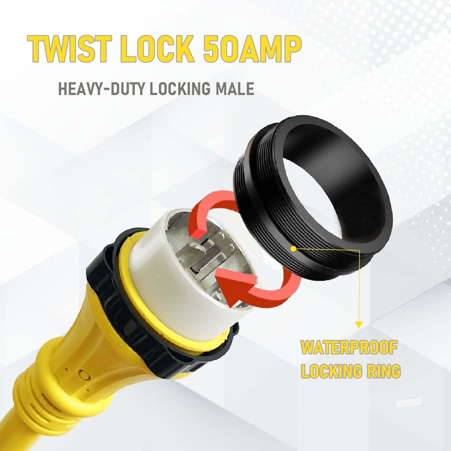 90 Degree 50 Amp RV Twist Lock Plug, NEMA SS2-50P to SS2-50R RV Adapter, 1.5ft Heavy Duty Extension Cord Adapter with 50Amp Power Locking Male and 50 Amp 90 Degree Locking Female Ends, Yellow