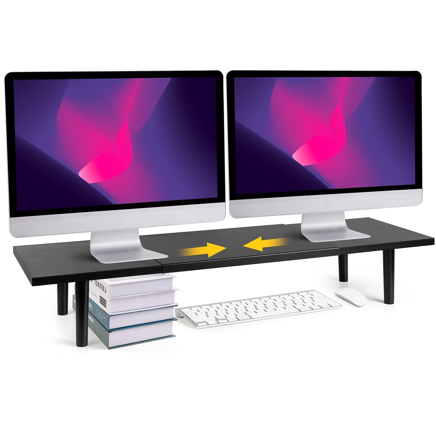 Across-Star Dual-Monitor-Stand-Riser-For-Desk Adjustable Length 32-40 Inch,Large Desktop Computer Monitor Riser For 2 Screens,Desk Shelf Organizer Riser Stand For Computer/Laptop/PC/Printer/TV Black