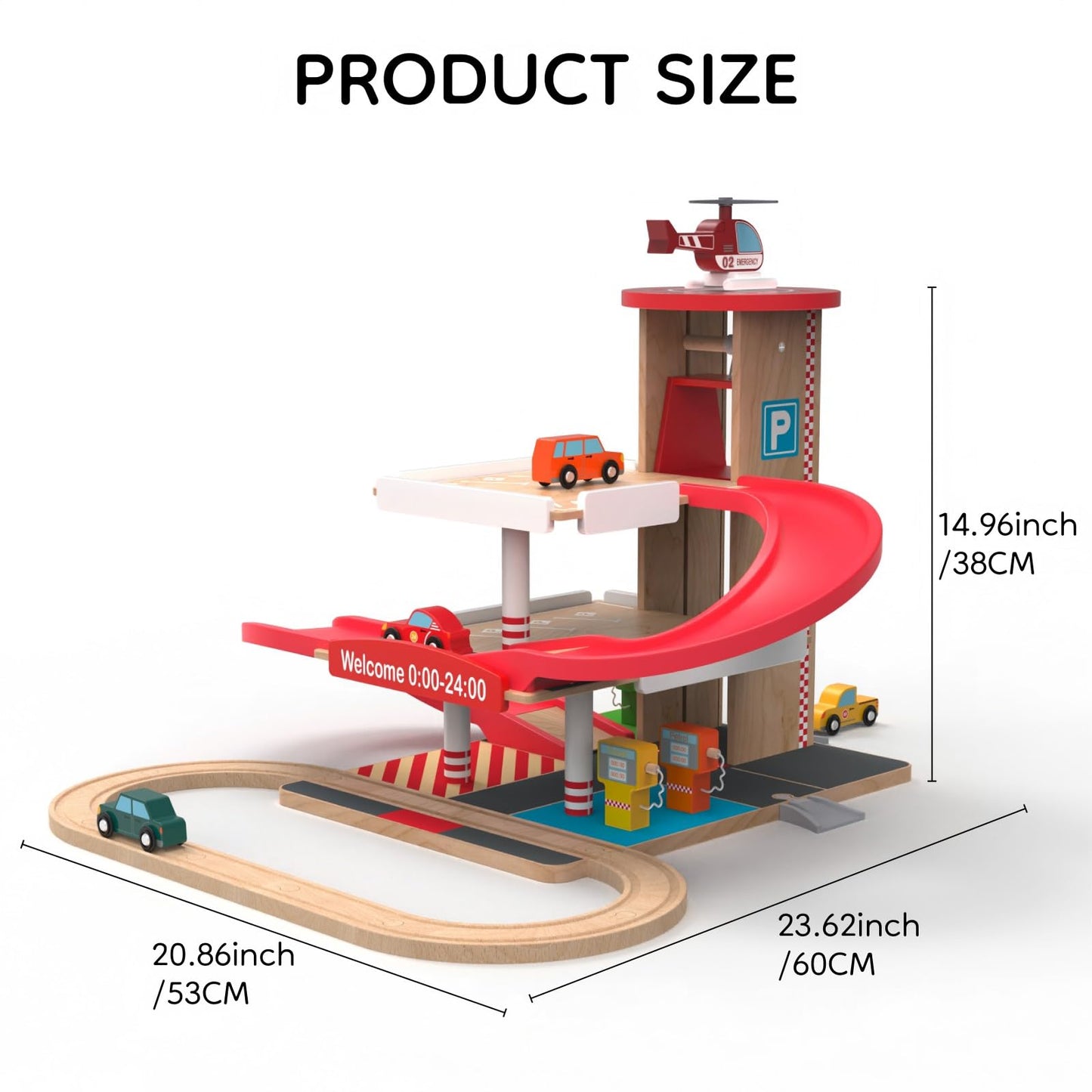 Letoiz Toy Car Garage with Rails, Wooden Parking Garage Toy Playset w/Elevator, Toddler Race Car Ramp Track Toy Set with 4 Mini Cars for Old Boys and Girls Kids Ages 3+ Birthday Gift Christmas