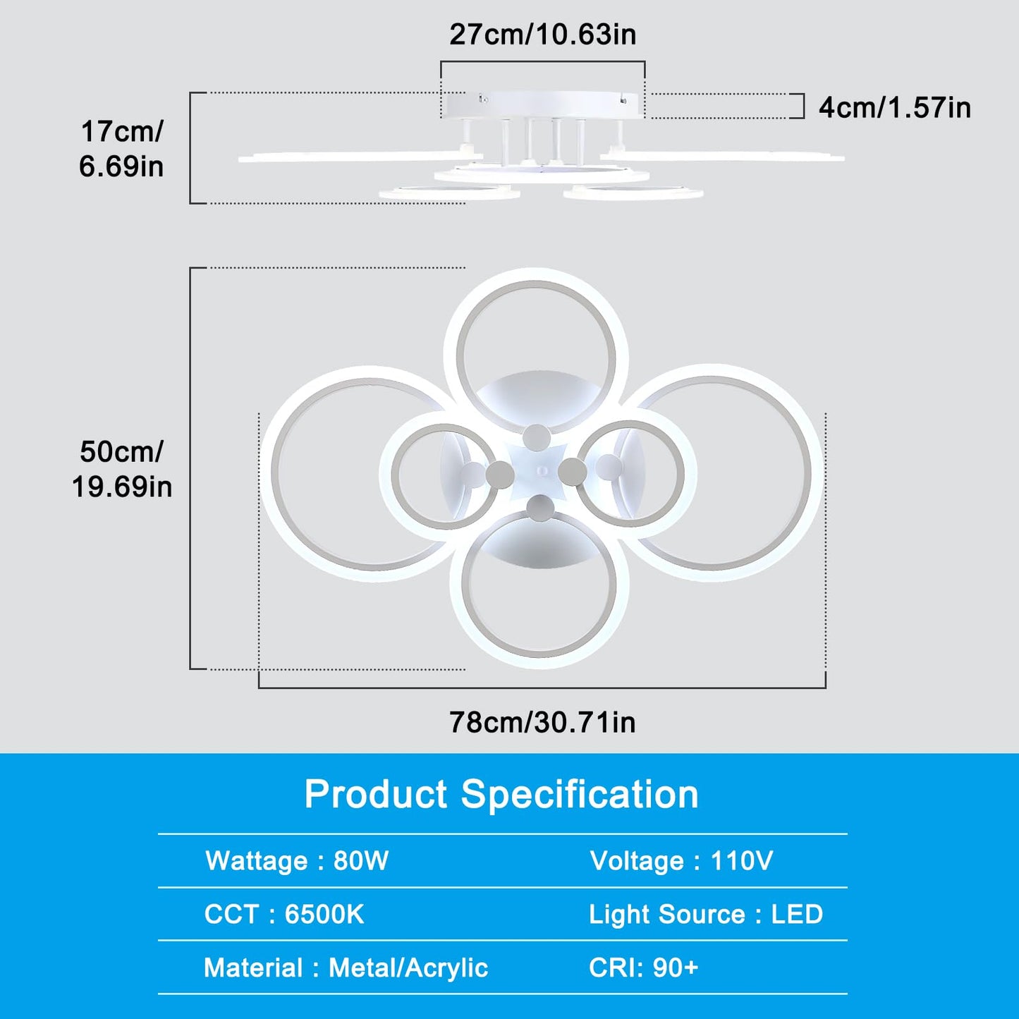 DELIPOP Modern Ceiling Light, White 6 Rings Flush Mount Ceiling Light, 31 Inch 6500K Cool White Led Chandelier Lighting for Bedroom, Living Room, Kitchen, Dining Room