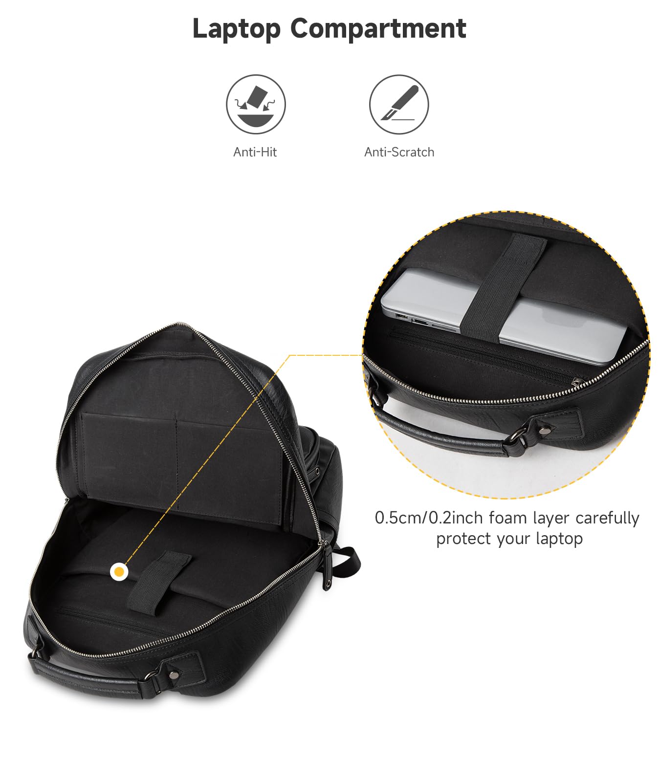 MOYYI Black Leather Backpack for Men Waterproof Fit 15.6 inch Laptop Backpack Work Commute Casual Daypack