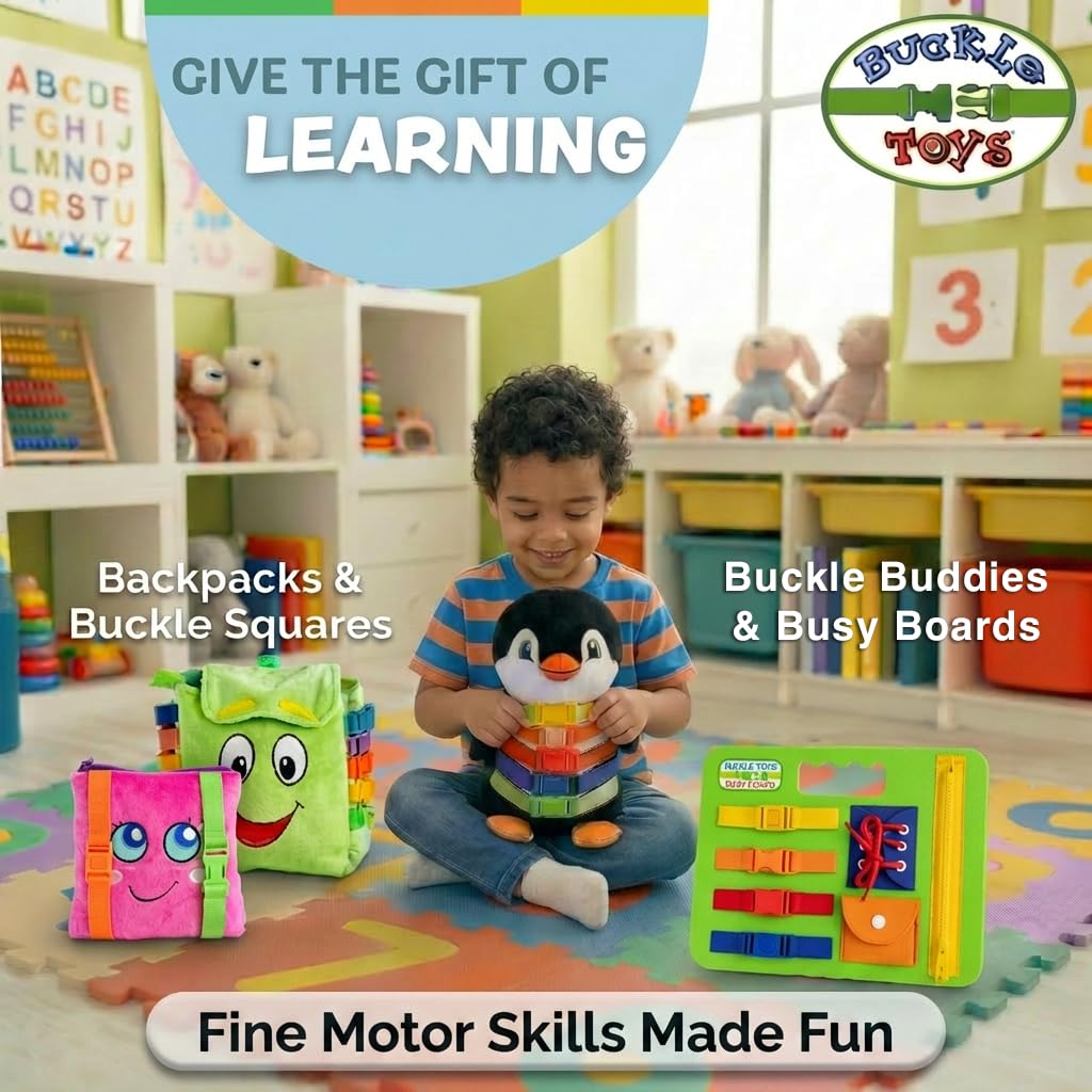 Buckle Toys - Bruce Shark Stuffed Animal - Montessori Learning Activity Travel Toy for Toddlers - Develop Motor Skills and Problem Solving