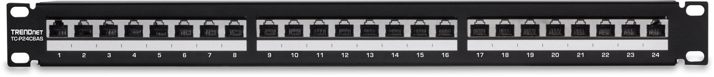 TRENDnet 24-Port Cat6A Shielded Patch Panel, 1U 19" Metal Housing, 10G Ready, Cat5e,Cat6,Cat6A Compatible, Cable Management, Color-Coded Labeling for T568A and T568B Wiring, Black, TC-P24C6AS