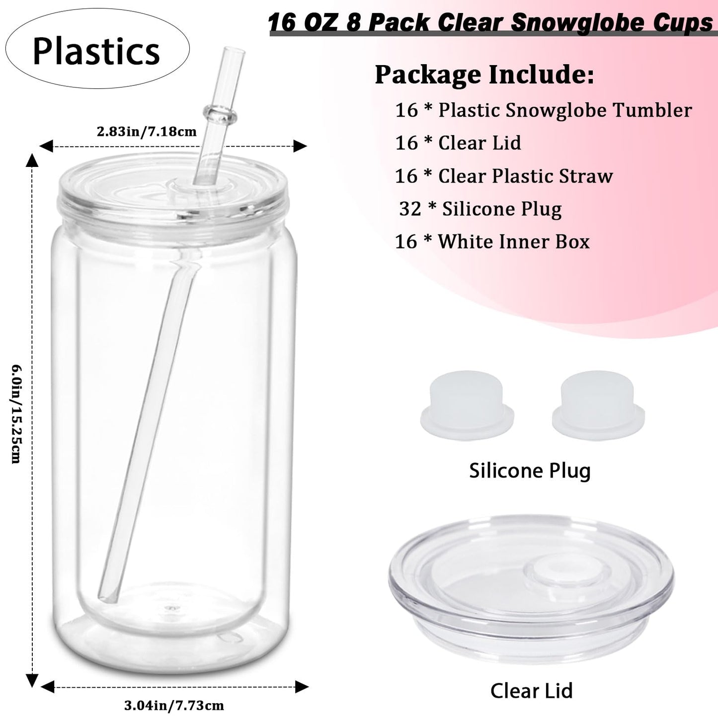Micellwuu 16 oz Plastic Snow Globe Tumbler, 16 Pack Double Wall Snowglobe Tumbler with Pre Drilled Hole, Plastic Mason Jar Cups Can for Snow Globe Glitter DIY (Clear)
