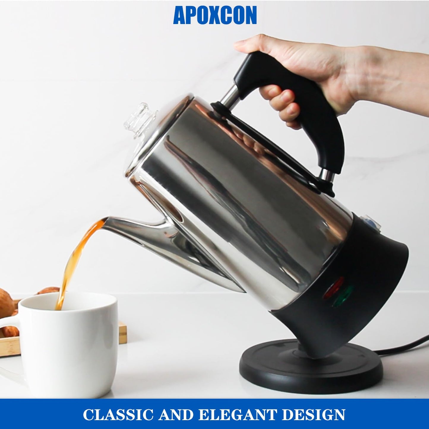 APOXCON Electric Coffee Percolator Stainless Steel Coffee Maker with Heat Resistant Tough Glass Clear Brew Progress Knob, Keep Warm & Cordless Serving Classic Coffee Pot with On/OFF Switch 12 Cup