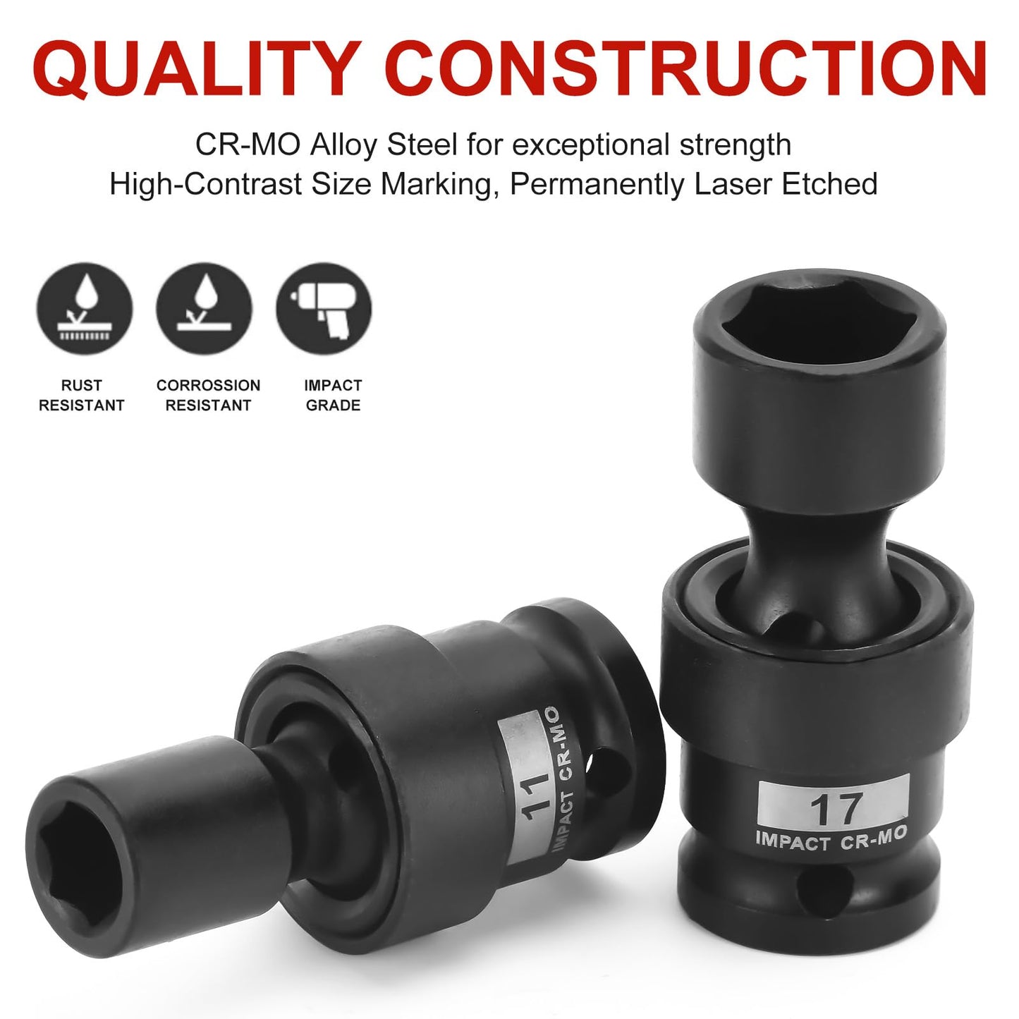 AOBEN 18 PCS 1/2" Drive Shallow Universal Impact Socket Set, Swivel Socket with Flexible Wobble, 6 Point, Metric,10-24mm,Cr-V Steel, Includes Extension Bars and Adapter