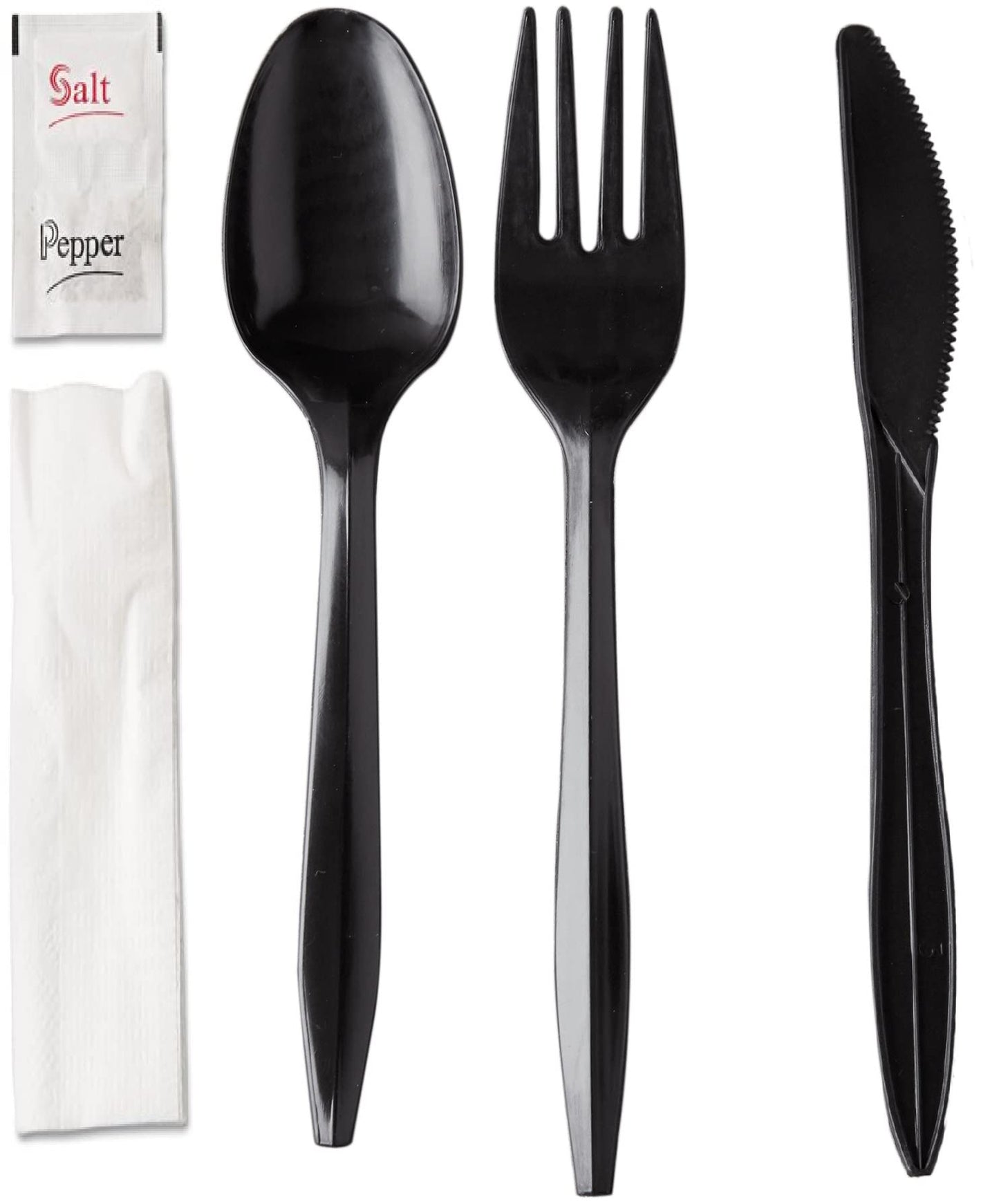 250 Plastic Cutlery Packets - Knife Fork Spoon Napkin Salt Pepper Sets | Black Silverware Sets Individually Wrapped Kits, Bulk Plastic Utensil Cutlery Disposable To Go Silverware