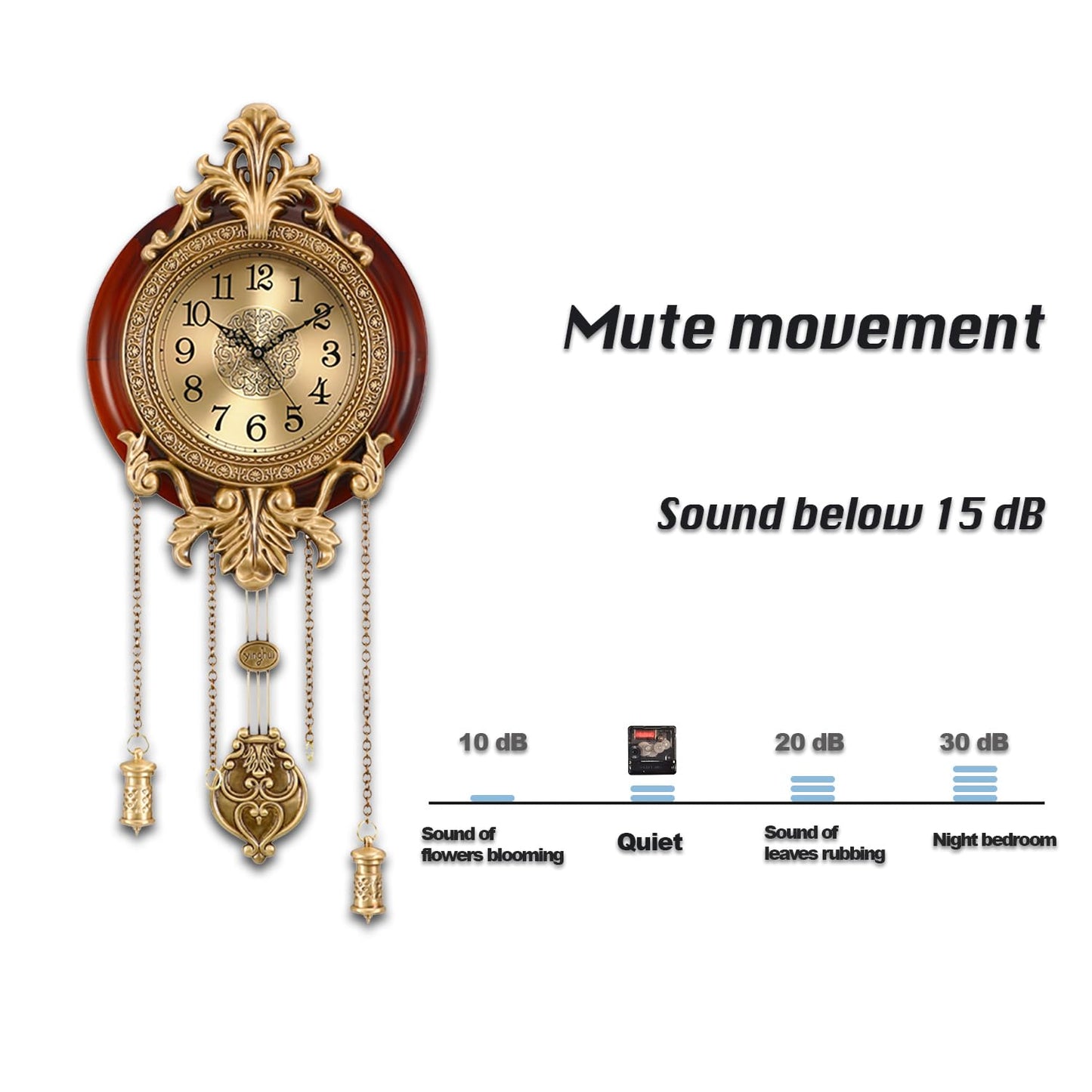 Aero Snail Brown Vintage Pendulum Wall Clock, Solid Wood Hanging Clock, Silent Non Ticking Quartz Movement, Analog Watch for Home Office Kitchen Classroom, W205BX14
