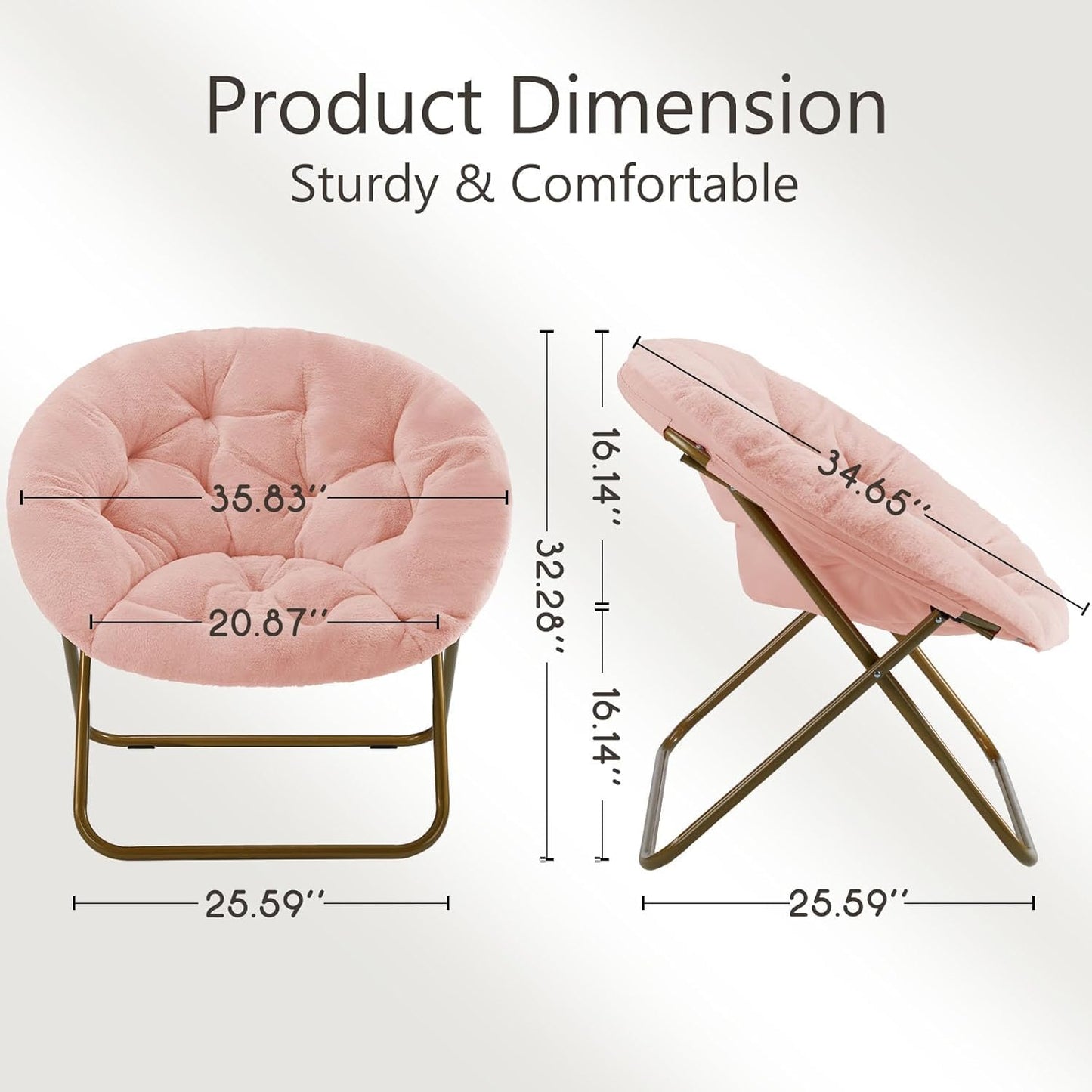 HealSmart Saucer Chair, Comfy Faux Fur Chair for Bedroom, Saucer Chairs for Adults, Teens, Round Shaped Moon Chair with Foldable Metal Frame, Pink