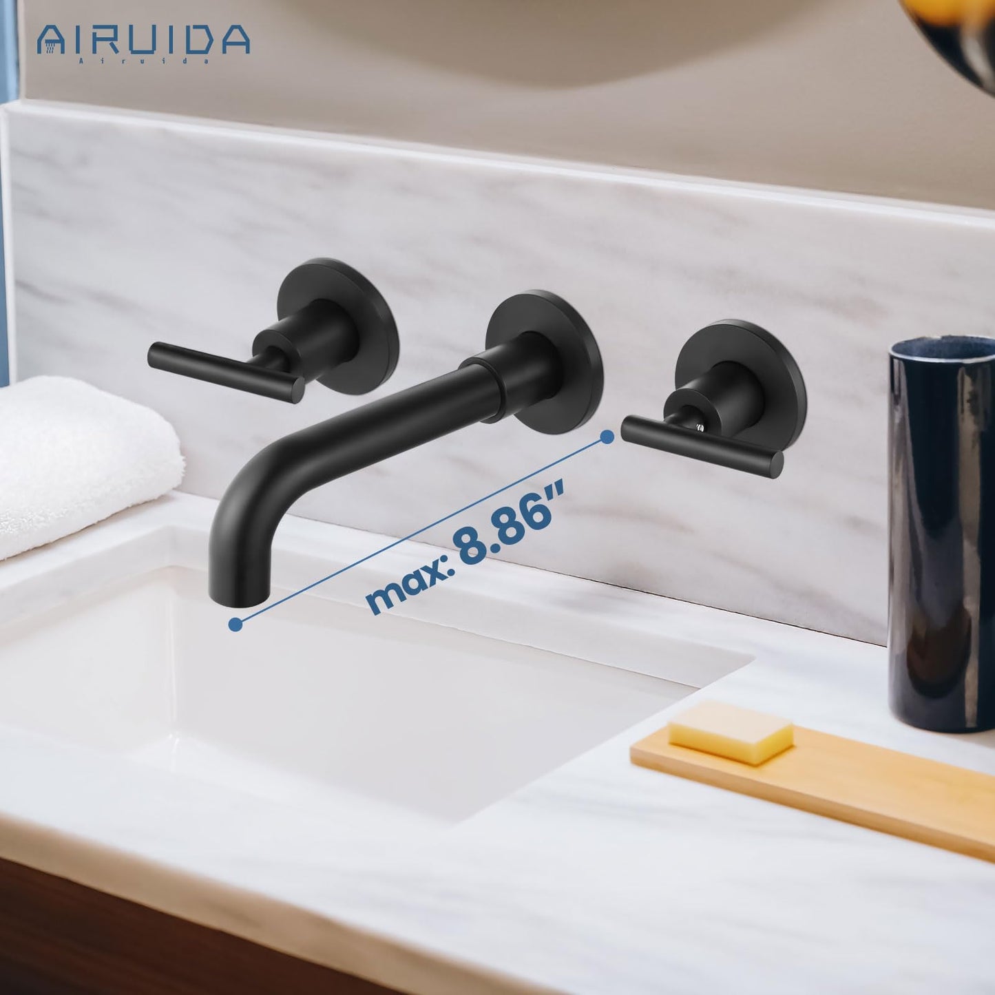 Airuida Wall Mounted Widespread Bathroom Sink Faucet Wall Mount Lavatory Faucet Vanity Sink Mixer Tap 2 Lever Handles 3 Holes 360 Swivel Spout with Brass Rough in Valve Matte Black