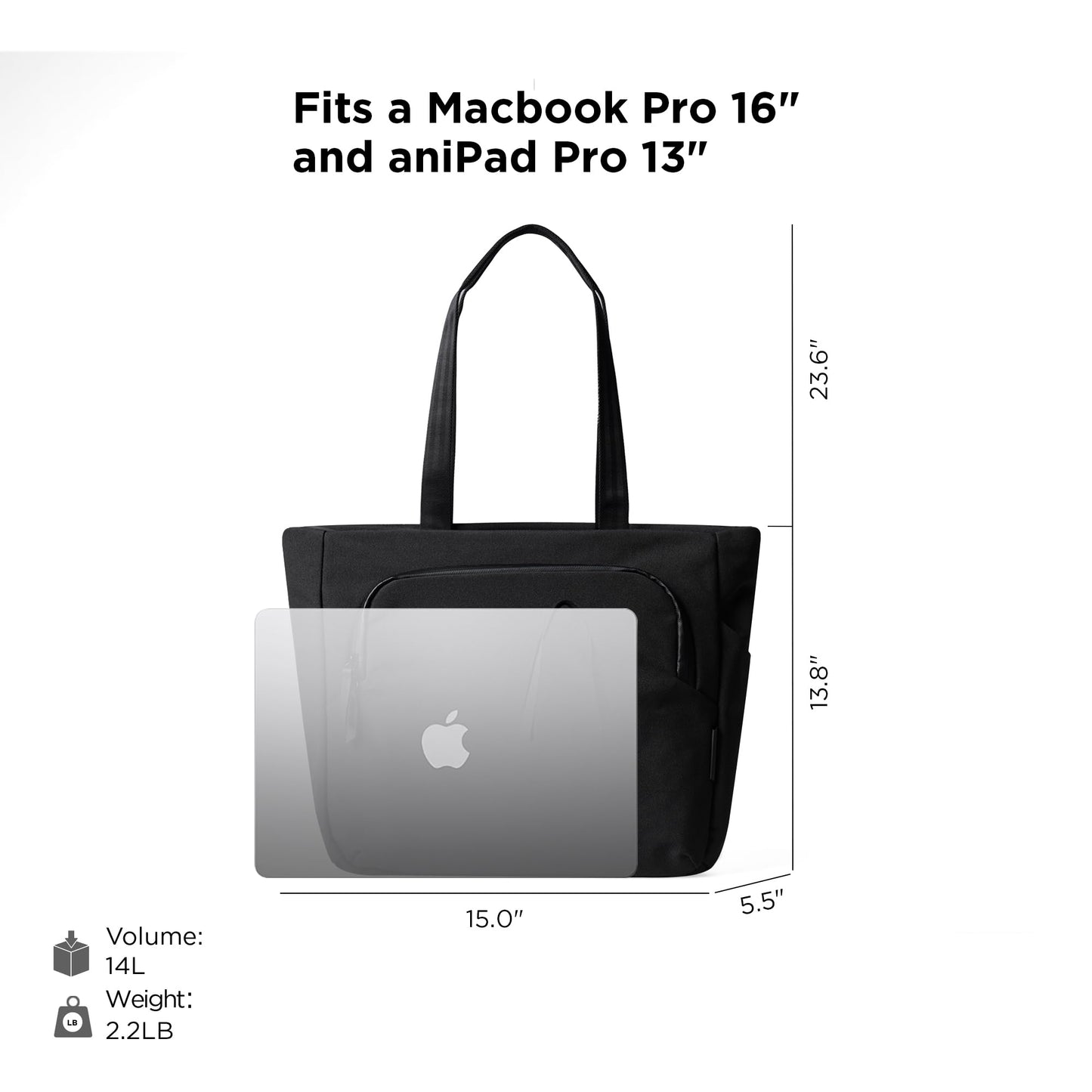 ALPAKA Bravo Tote Bag for 16 Inch MacBook Pro – Weatherproof 16 Inch Laptop Briefcase for Men & Women, Work Travel Tote with Adjustable Shoulder Strap, Black Axoflux 600D
