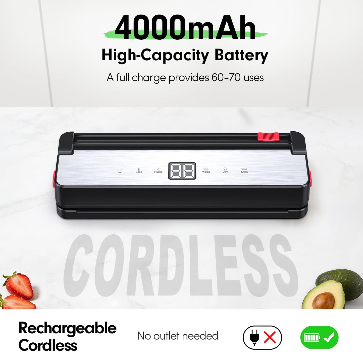 QUWRI Portable Vacuum Sealer for Food Storage: 75kPa Suction Vacuum Sealer Machine - 4000mAh Rechargeable Battery for Home Kitchens Apartments RVs & Travel - Dry & Moist Food Modes, Built-in Cutter