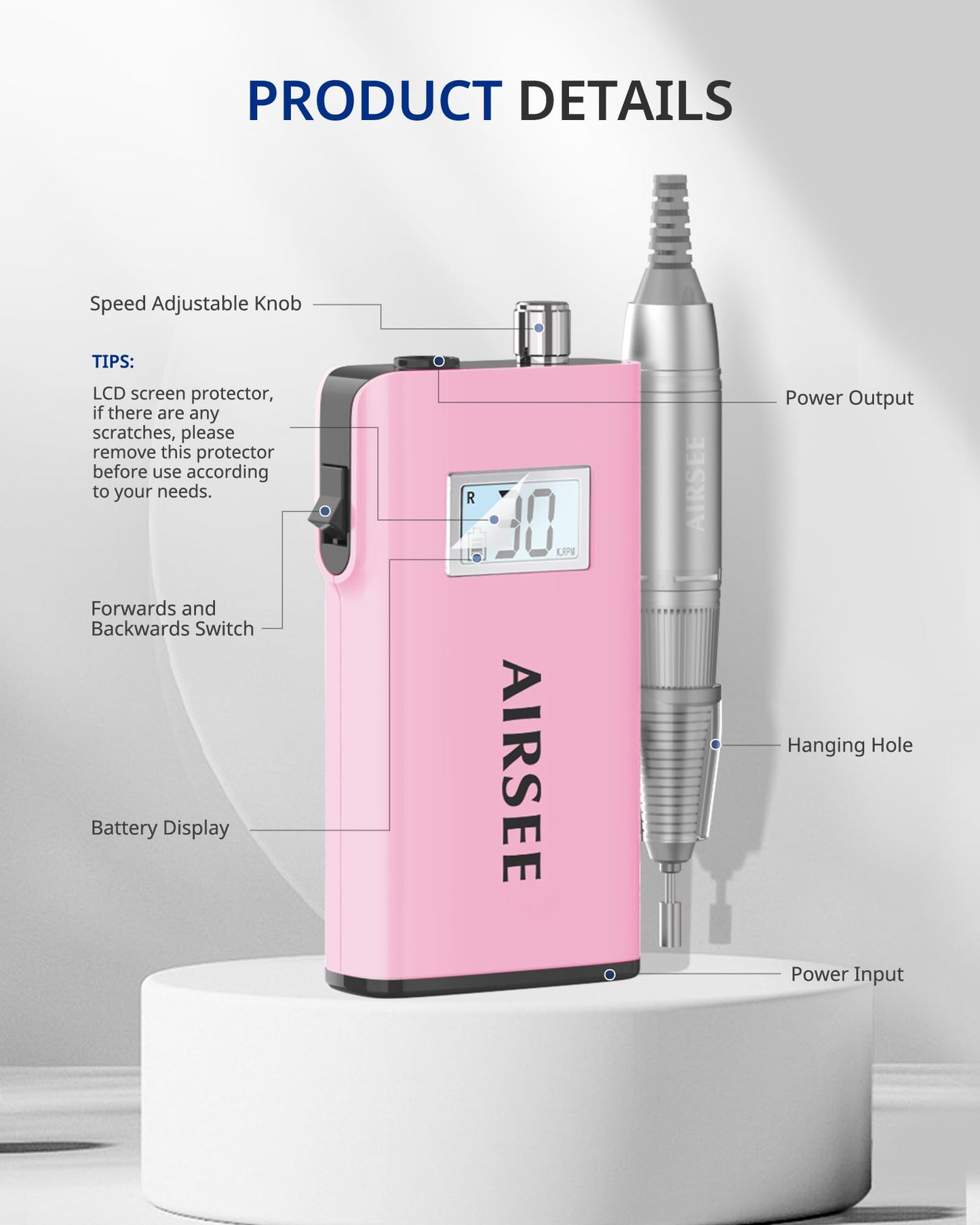 AIRSEE Rechargeable 30000RPM Electric Nail Drill Professional Portable E File Machine for Acrylic Nail Natural Extension Gel Nails Polish Cuticle, Cordless High Speed for Salon Home Use E8 Pink