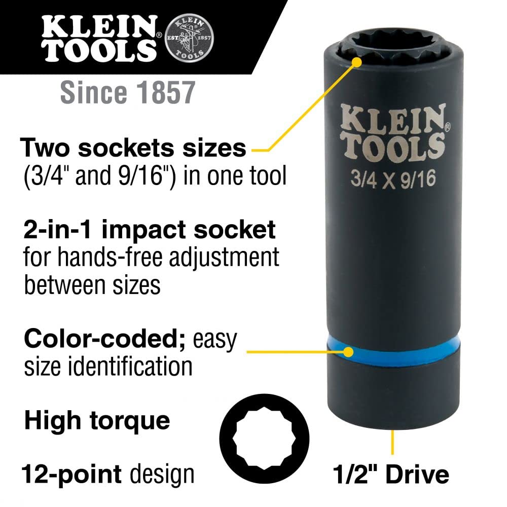 Klein Tools 66001 2-in-1 Impact Socket, Sizes 3/4-Inch and 9/16-Inch Hex, 12-Point Deep Socket Wrench with 1/2-Inch Drive