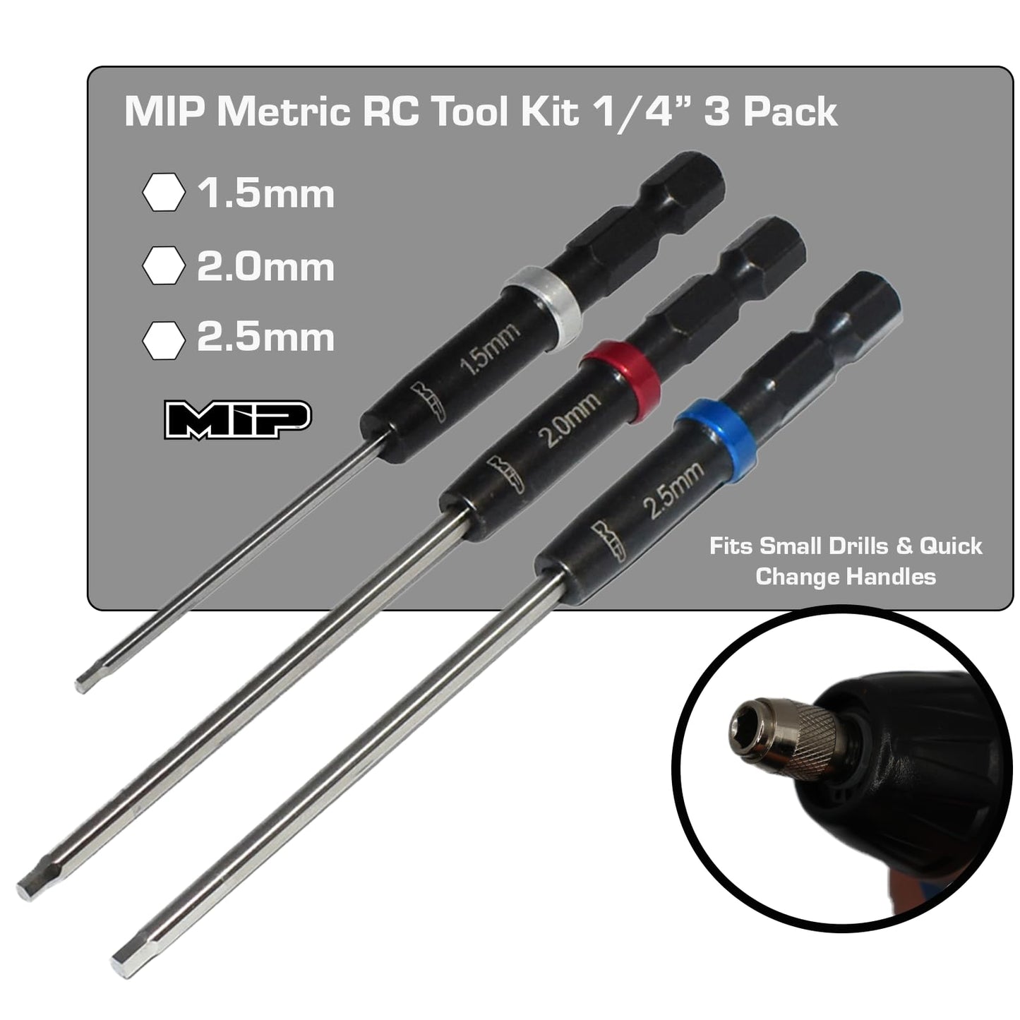 MIP RC Hex Bit Set and Tool Kit 9612 (1.5mm, 2.0mm, 2.5mm) – Hex Head Allen Wrench Drill Tools and Tool Bits for Screwdrivers, Electric Screwguns, and Power Drills For RC Cars - Made in USA