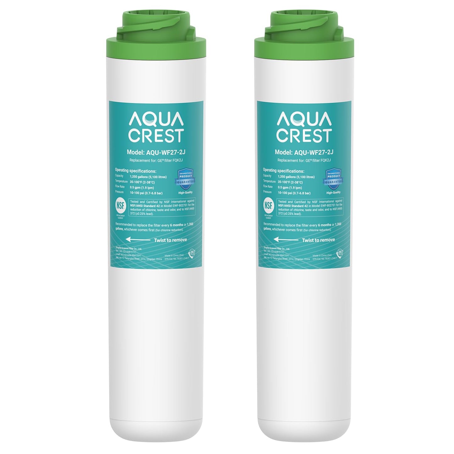 AQUACREST FQK2J Under Sink Water Filter, Replacement for GE FQK2J, FQK1K, NSF/ANSI 42 372 Certified, 1320 Gallons Dual Flow Drinking Water Replacement Filters (2 Count)