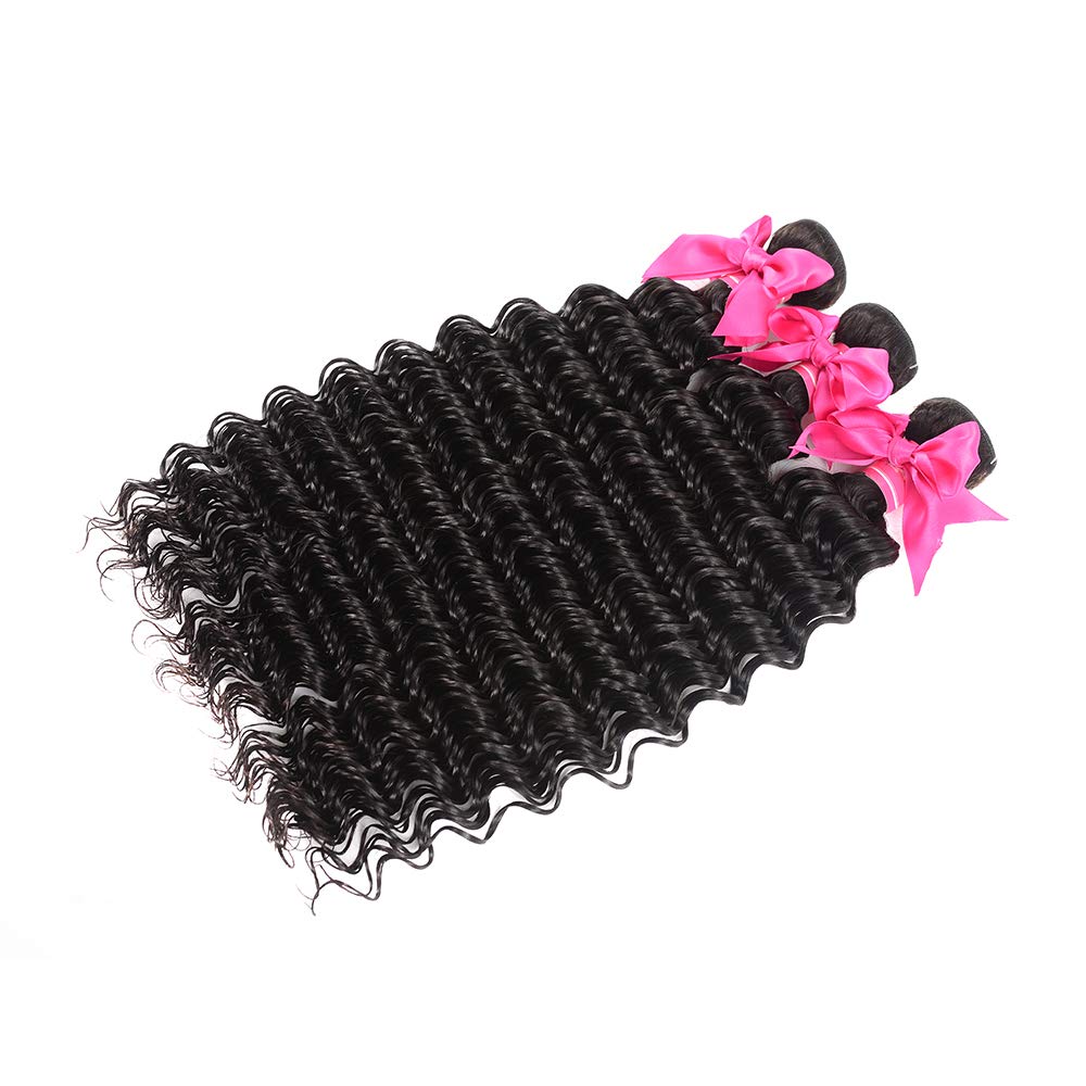 Aatifa Brazilian Virgin Deep Wave 3 Bundles with Closure 9A Grade Unprocessed Human Hair with 4x4 Lace Closure Free Part Natural Color, lace closure, (18/20/22+16 Inch)